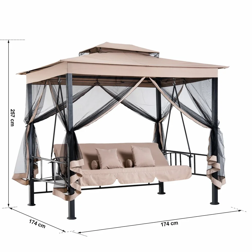BAKAJI Gazebo Parasole da Giardino con Dondolo Letto e Zanzariere 3 posti, Modello Extra-Lusso Cleopatra, Amaca Altalena Trasformabile in Letto Matrimoniale, Colore Beige