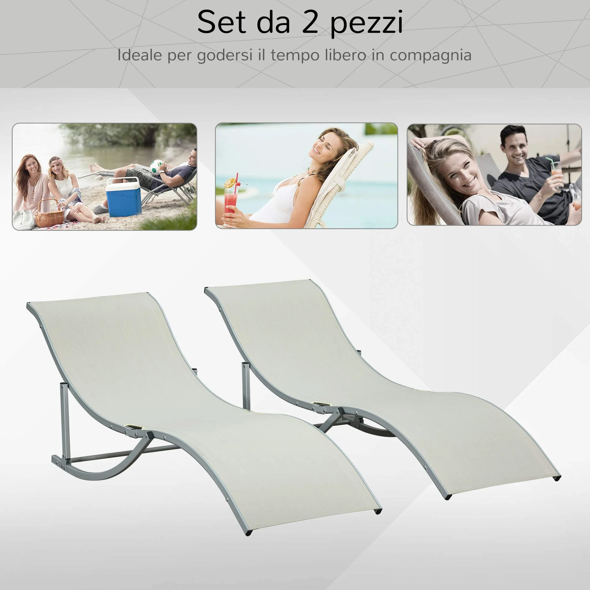 Outsunny Set di 2 Lettini Prendisole da Giardino Pieghevoli, Sdraio da Giardino in Texteline e Alluminio, per Spiaggia, Piscina, 61x165x63 cm, Beige