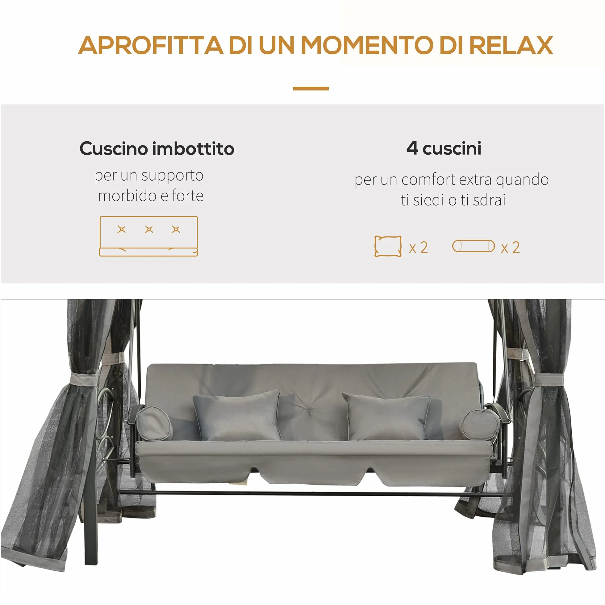 Outsunny Dondolo 3 Posti e Lettino Singolo Copertura a Gazebo con Zanzariera e Cuscini 256x172x248cm Grigio Scuro