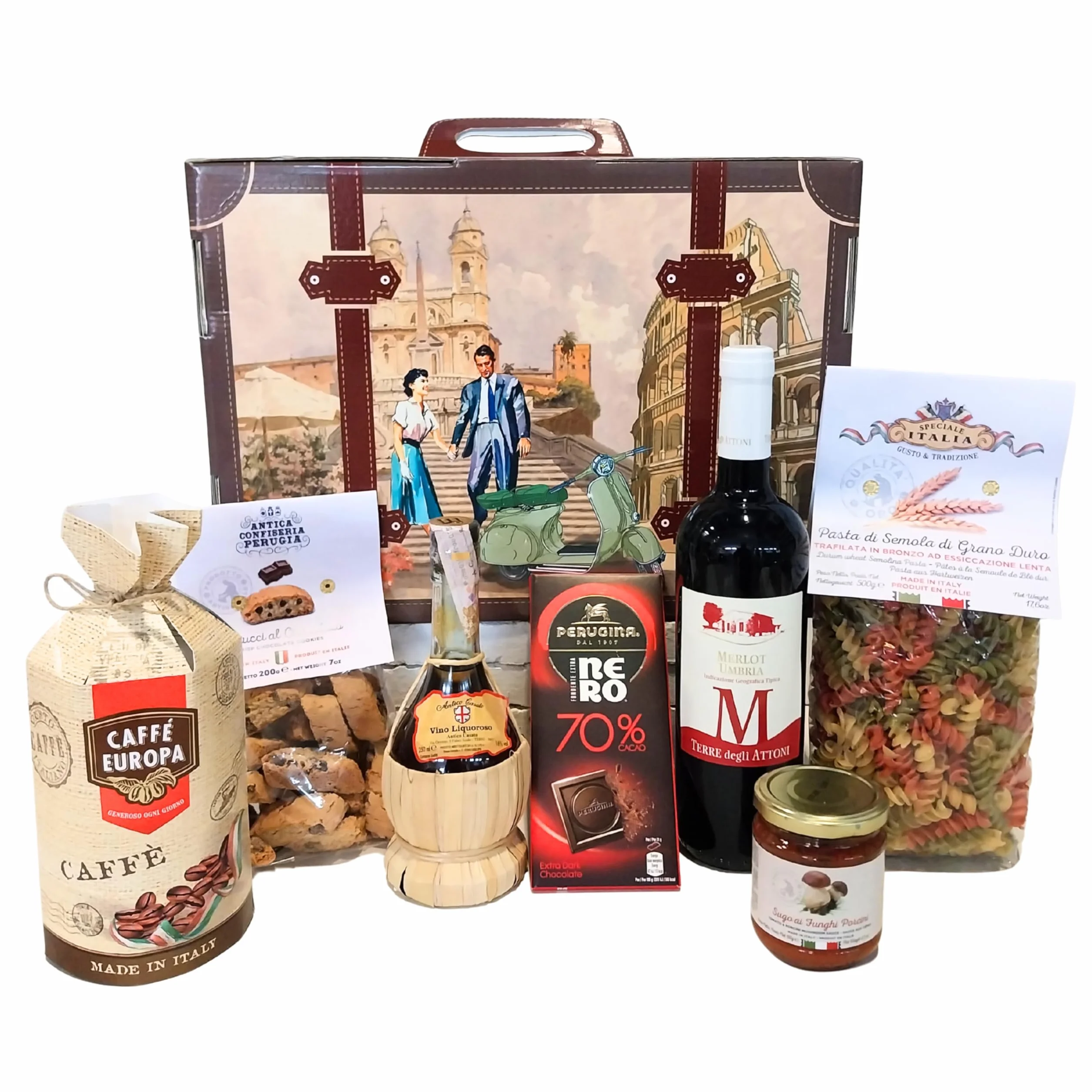 Speciale Italia Cesto Regalo Gastronomico – 7 Prodotti Tipici Italiani in Valigia Riutilizzabile – Confezione Alimentare Gourmet Made in Italy Ideale per Regali
