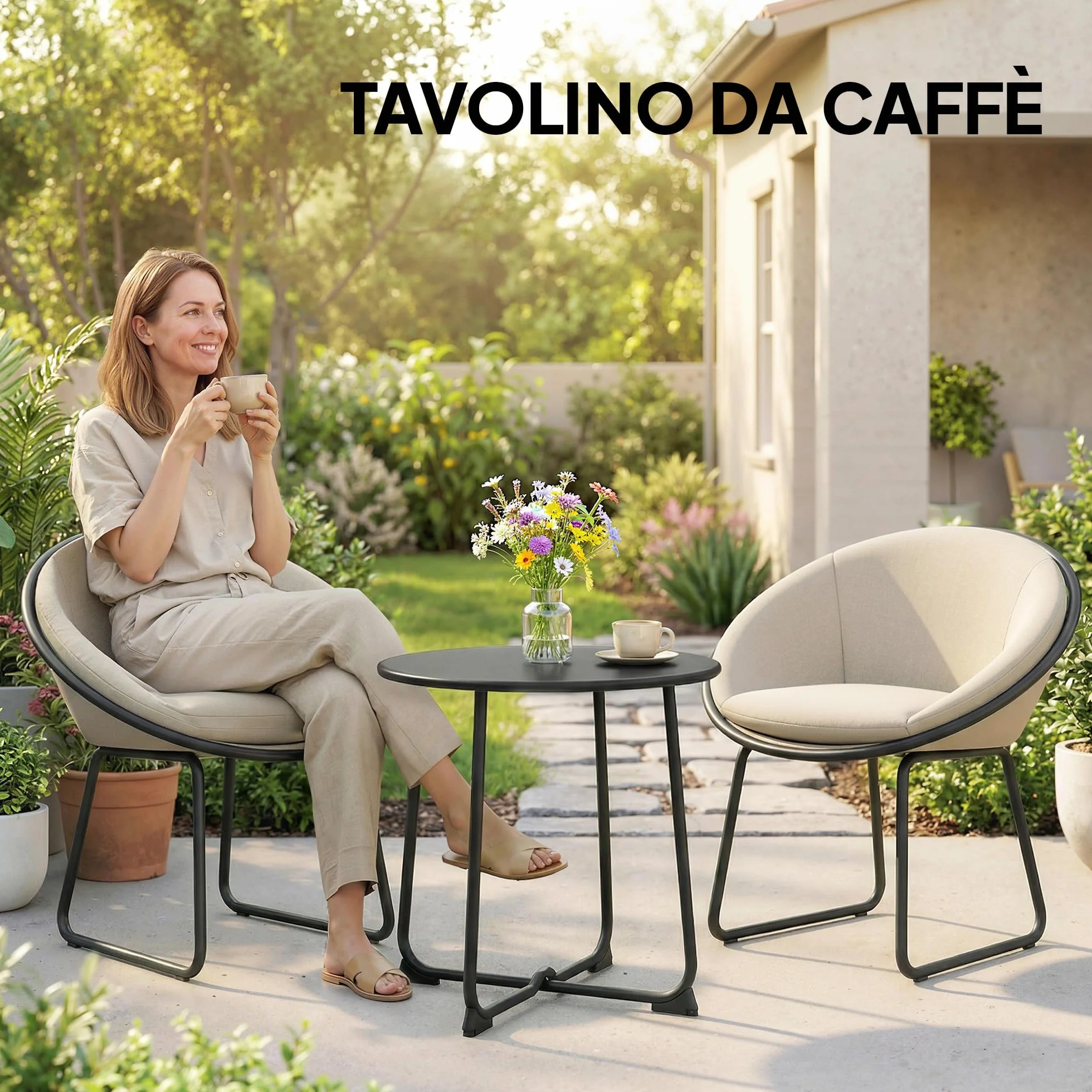 Outsunny Tavolino da Caffè da Giardino Rotondo 50 cm Stile Industriale con Piedini Antiscivolo, Tavolo da Caffè con Base a X in Metallo, per Balcone, Giardino, Terrazza, Soggiorno, Nero