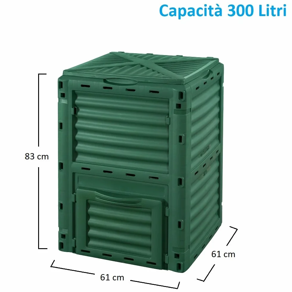Paluplus Compostiera da Giardino 300 Litri Plastica Verde 61x61x83 cm Resistente Intemperie Coperchio Ribaltabile