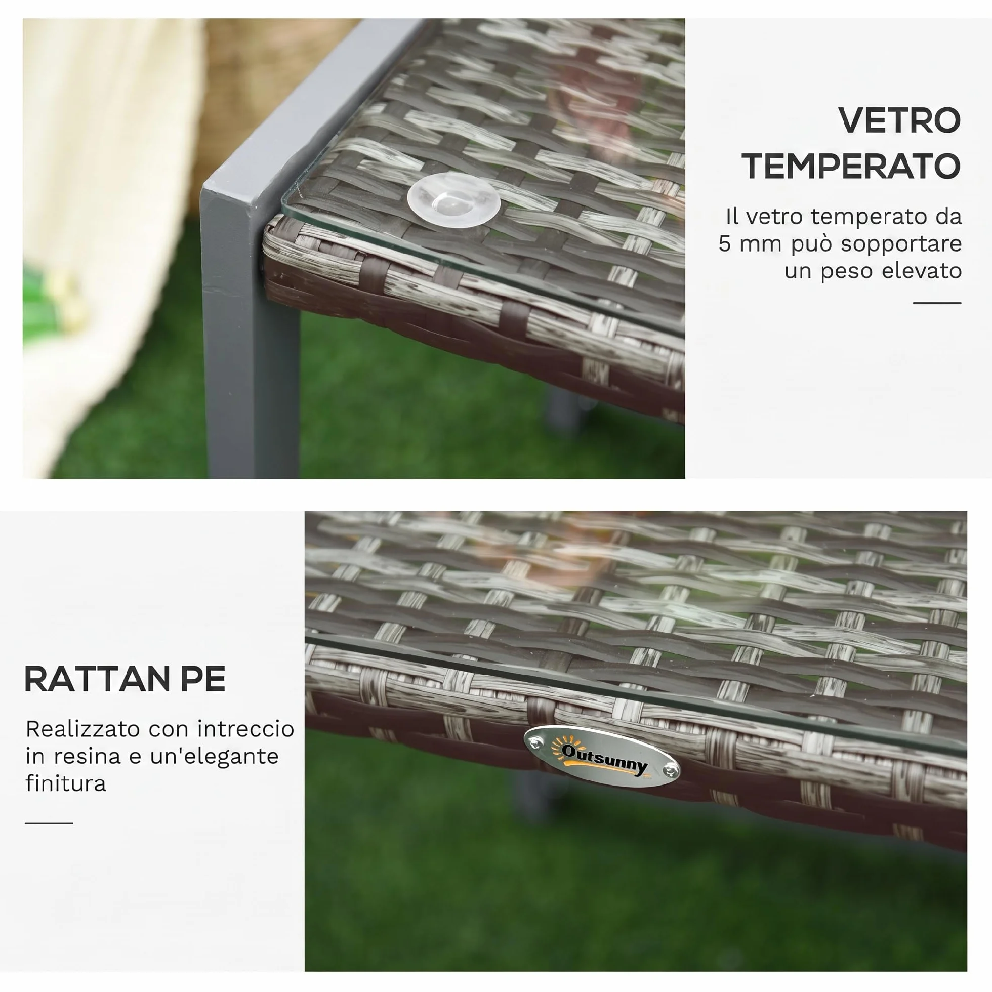 Outsunny Tavolino da Caffè da Giardino Piano in Vetro Temperato in Rattan Alluminio 50 x 49,5 x 50 cm