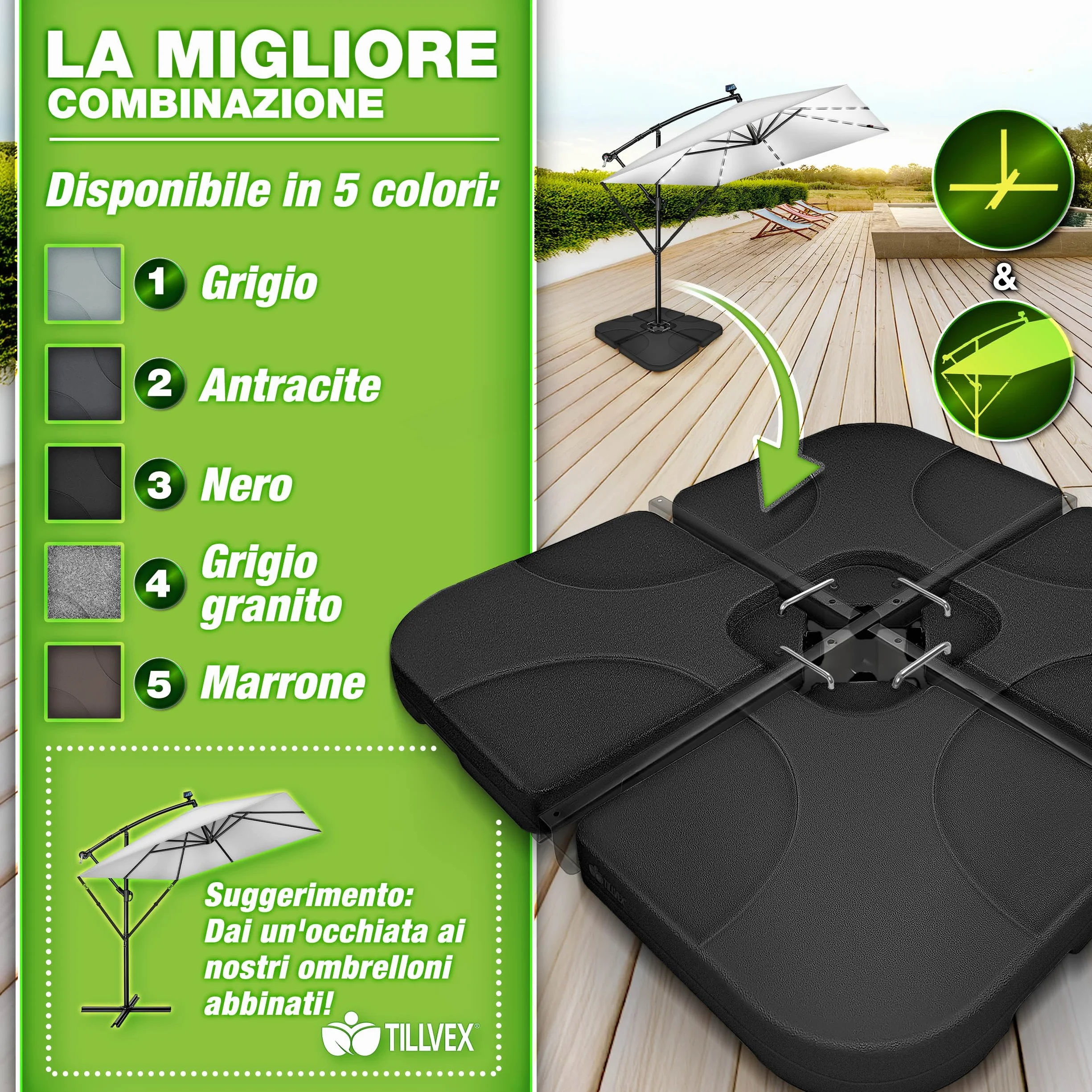 tillvex® Base per Ombrellone 60 Litri / 80 kg – 4 Pezzi per Ombrellone Decentrato con Connettore Metallico | Porta Ombrelloni Riempibile con Acqua o Sabbia | Supporto Ombrellone (Nero)