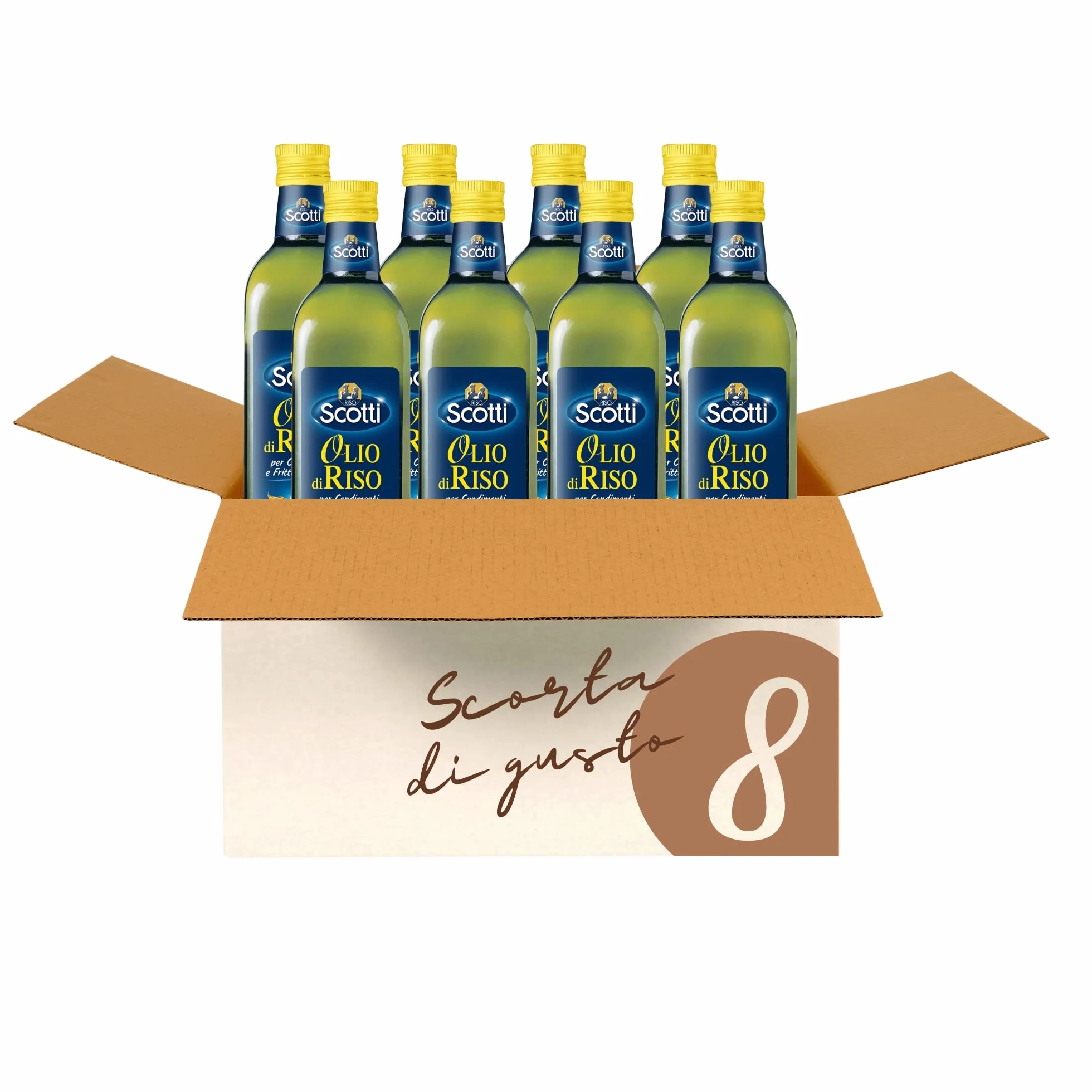 Riso Scotti Olio di Riso - Bottiglia per Condimenti e Fritture Delicate - Sapore Dolce per Cibi Freddi e Insalate - Fonte di Vitamina E, 0,75L x 8 pz