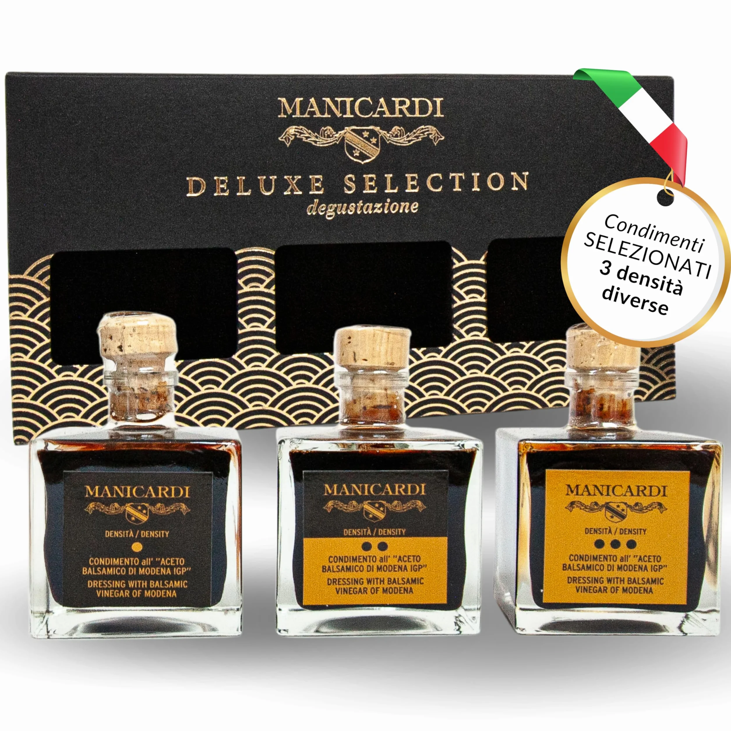 MANICARDI Set di 3 Condimenti all'Aceto Balsamico di Modena IGP - Selezionati con Tre Differenti Gradi di Densità - Prodotto in Italia, da 100 ml ciascuno