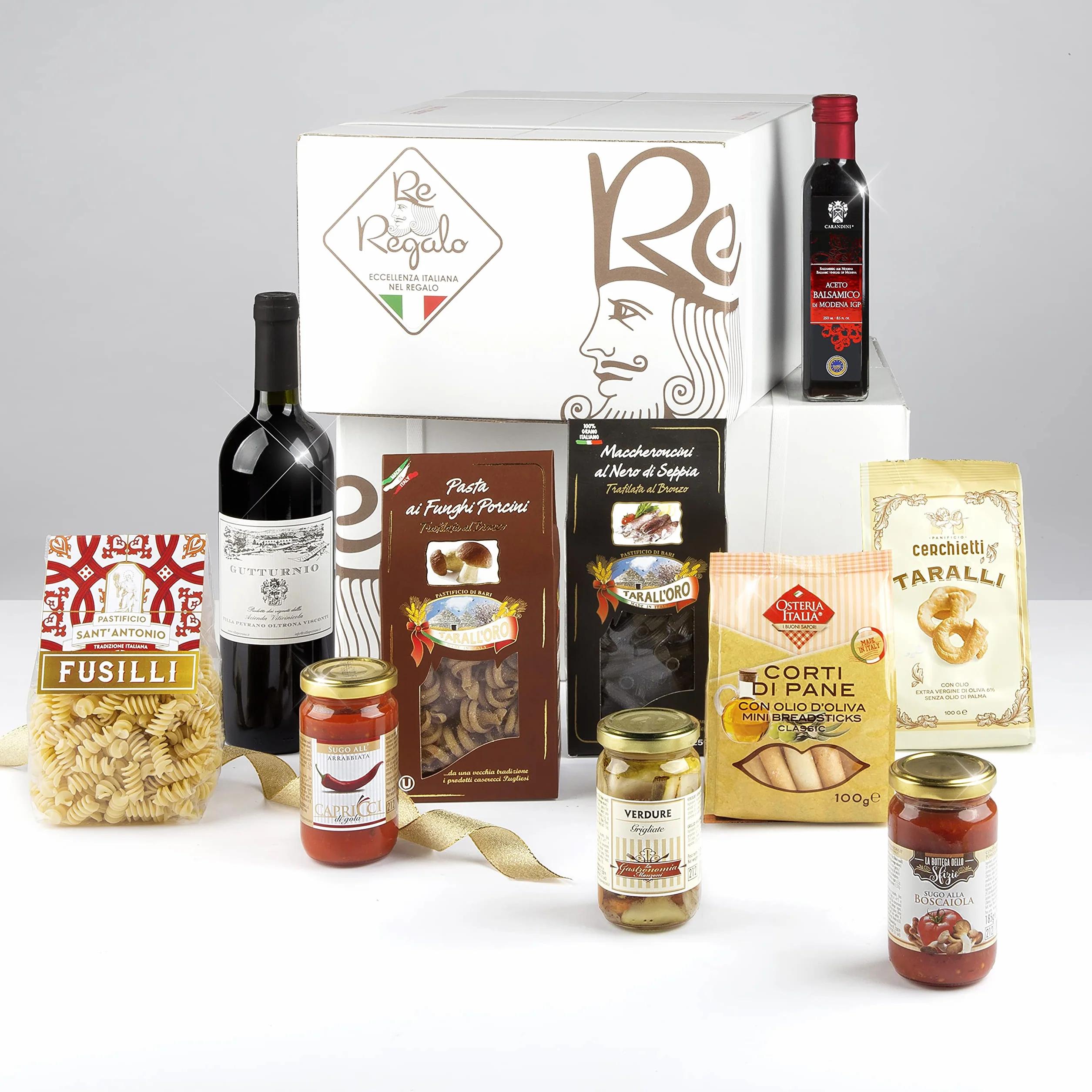 RE REGALO ITALIA IN TAVOLA Cesto Alimentare Kit 9 pezzi, Sugo all'arrabbiata, Taralli di Puglia, Verdure grigliate, Pasta ai porcini e al nero di seppia, Aceto balsamico di Modena, Bottiglia di vino