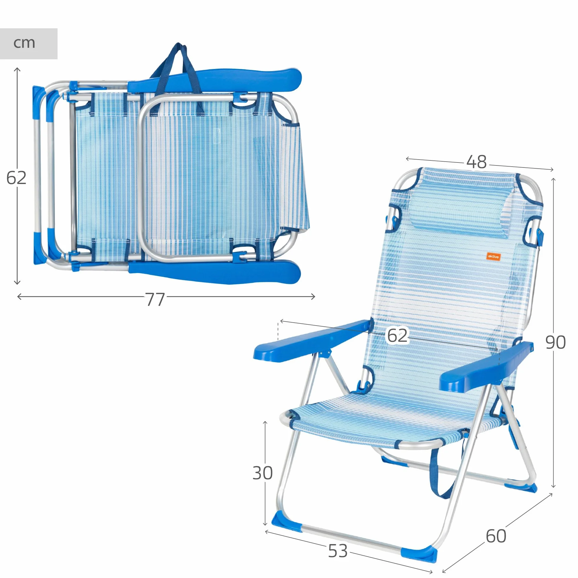 AKTIVE Confezione da 2 sedie da spiaggia pieghevoli e reclinabili, blu a righe, 48 x 60 x 90 cm, 5 posizioni, cuscino imbottito, maniglia a spalla, braccioli ergonomici, fermaporta ribaltabile