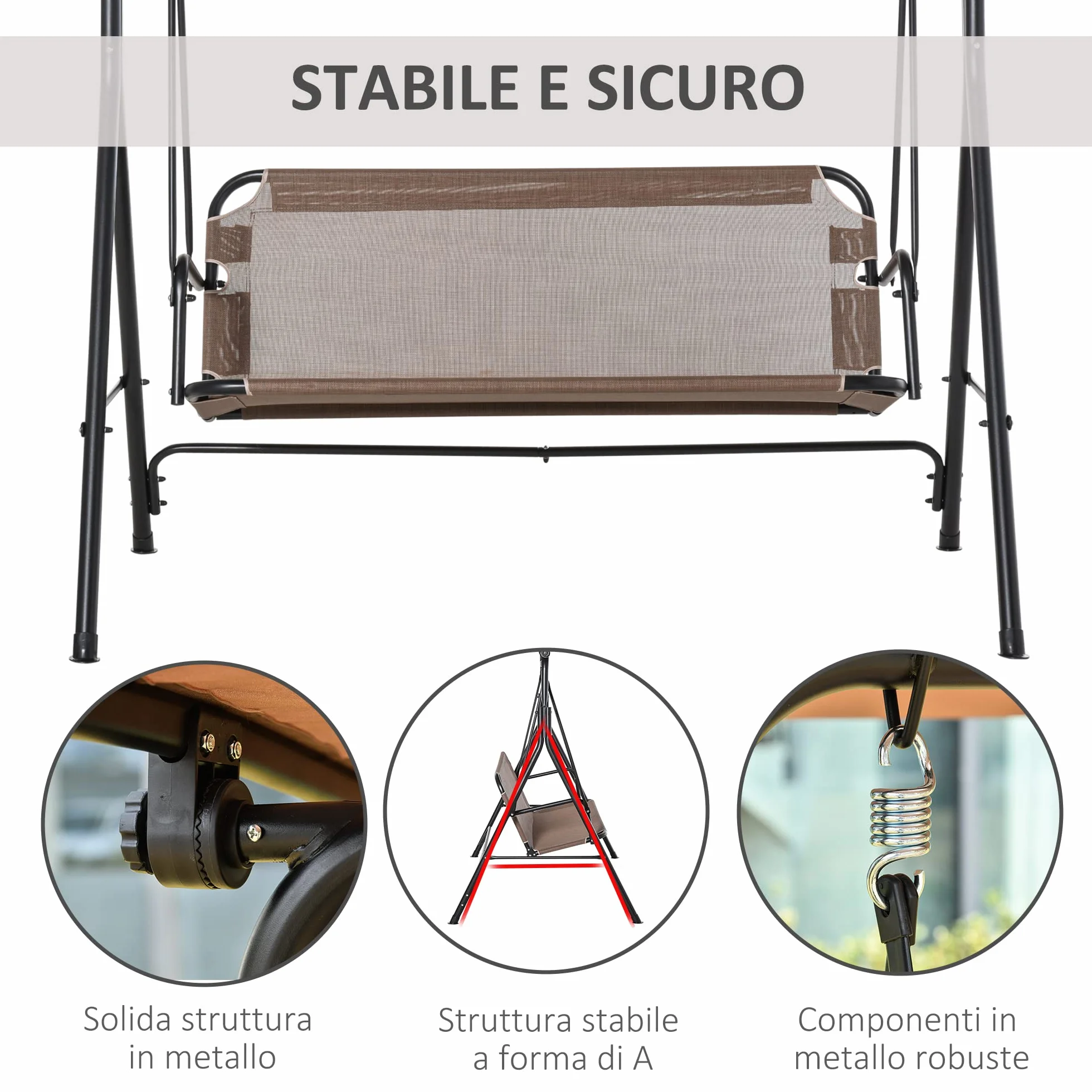 Outsunny Dondolo da Giardino Terrazza 2 Posti con Tettuccio Parasole Regolabile, Metallo e Texteline 172x110x155cm Marrone