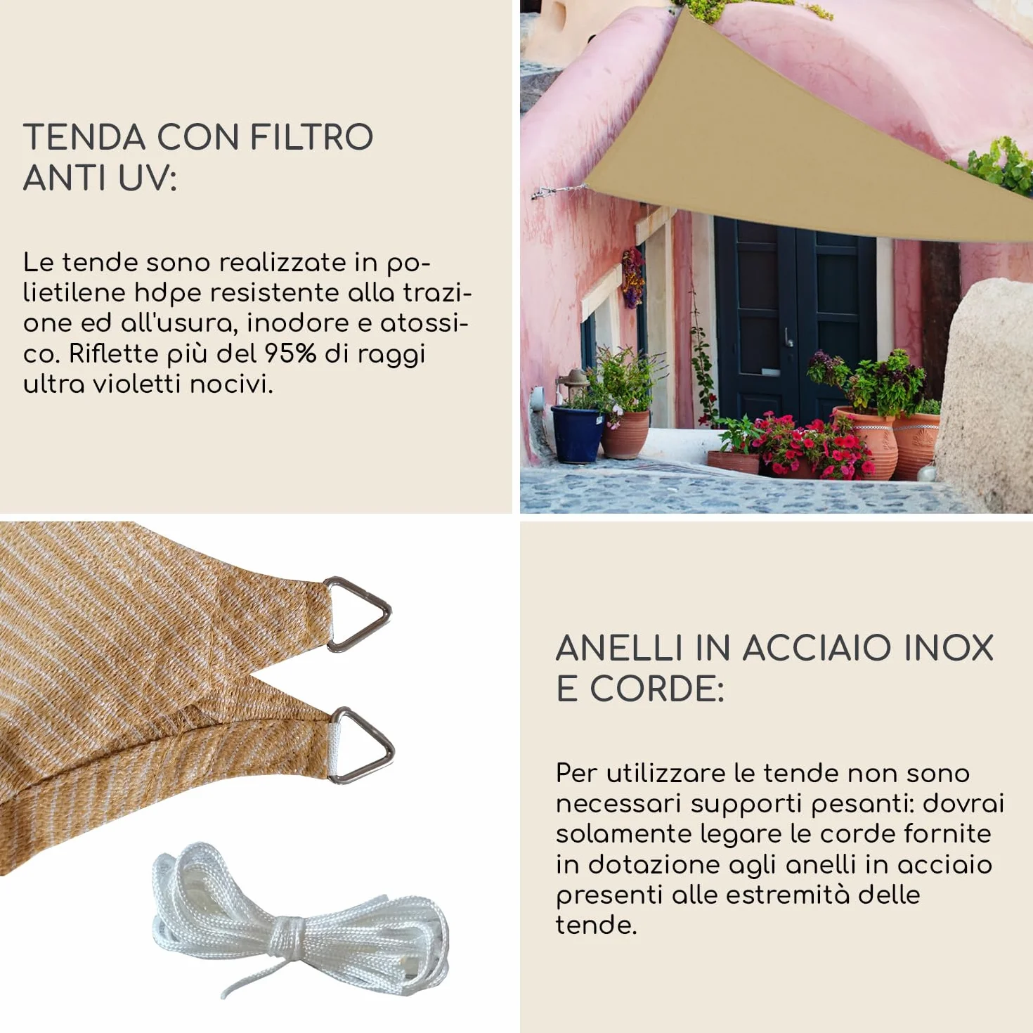 Rebecca Mobili Vela Parasole Telo Ombreggiante Triangolare Beige Polietilene Protezione Raggi Solari Giardino Campeggio 5x5x5 mt (Cod. RE6341)