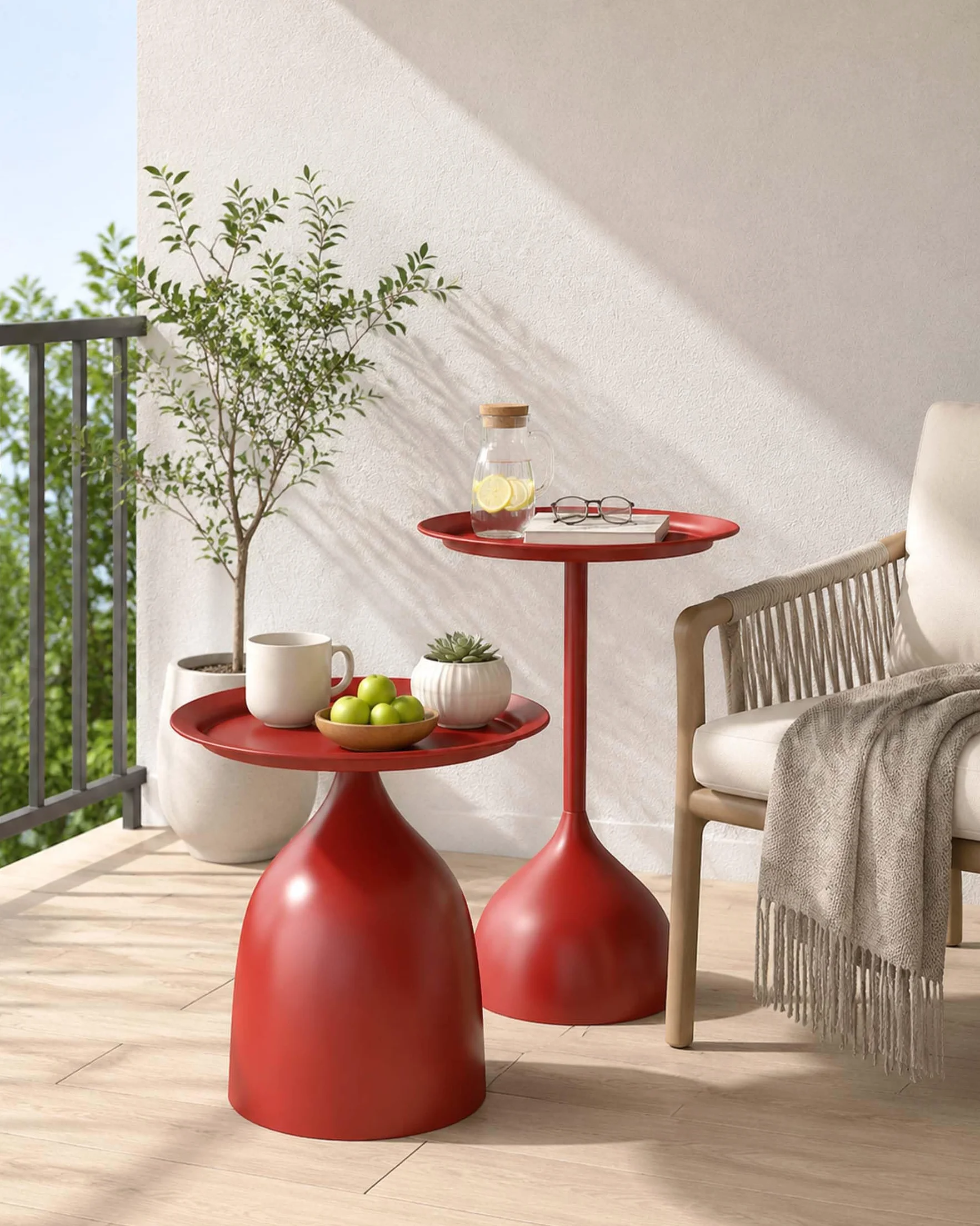 Set di 2 Tavolino da Esterno in Metallo Impermeabile Tavolino Salotto Moderno Rotondo Tavolini da Balcone e Giardino, Coffee Table per Divano, Soggiorno e Terrazza, 40 cm, Rosso