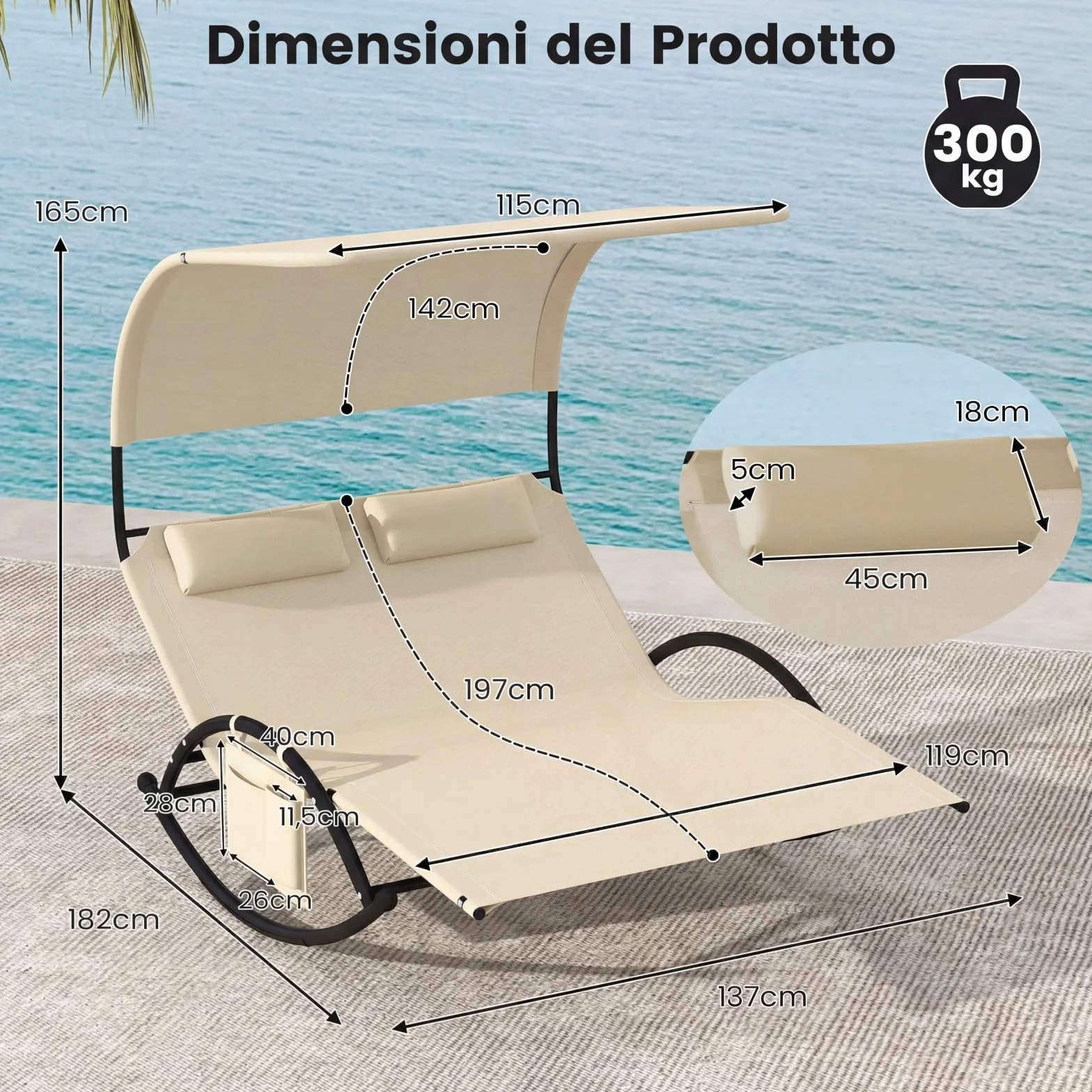 COSTWAY Lettino Prendisole a 2 Posti, Lettino in Tessuto Textilene, con 2 Poggiatesta Staccabili, Sedia a Dondolo da Giardino con Struttura Metallica, Lettino con Tettuccio Portata 300 kg (Beige)