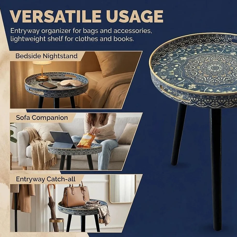 Tavoli laterali rotondi da esterno con 3 gambe in legno staccabili, tavolino versatile con vassoio, perfetto per tavolino da caffè rotondo, tè e momenti di relax 45 cm (Labirinto blu)