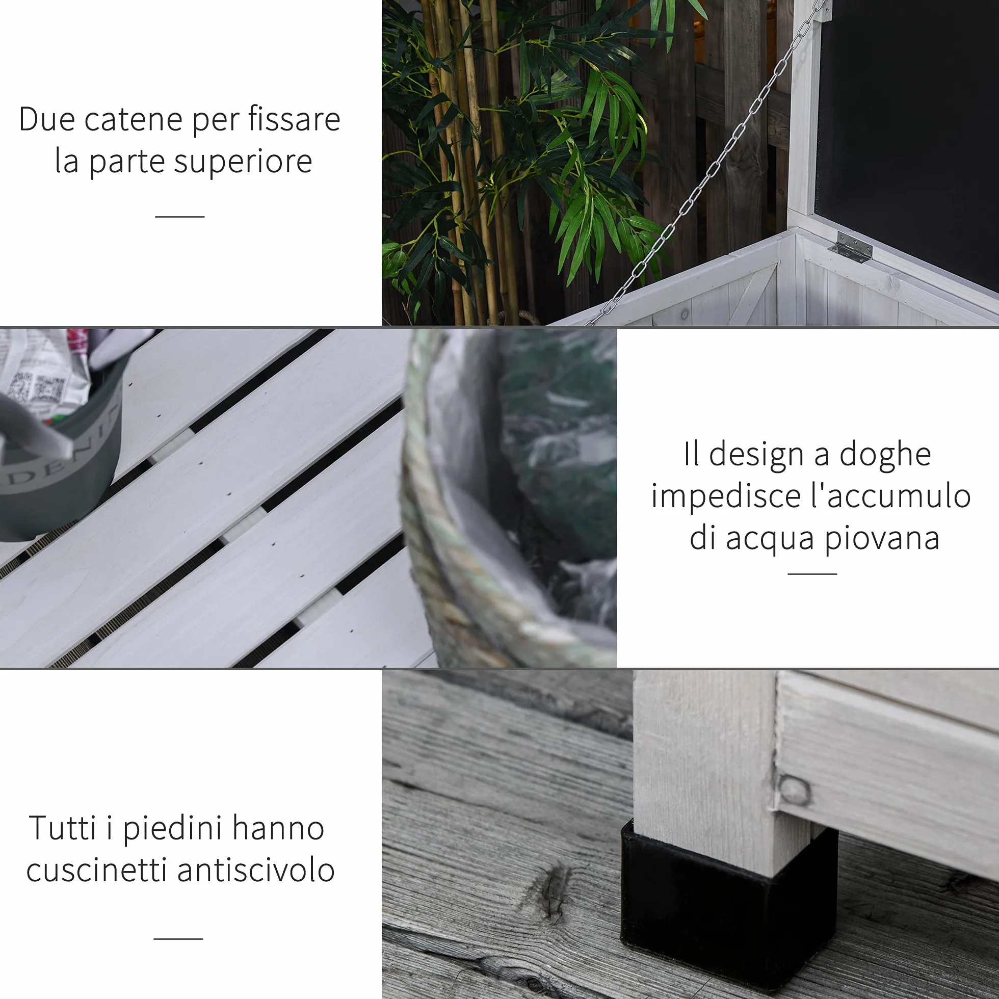Outsunny Baule da Esterno in Legno di Abete con Base Rialzato e Coperchio, Cassapanca Contenitore da Esterno Impermeabile, 127x56x60 cm, Bianco