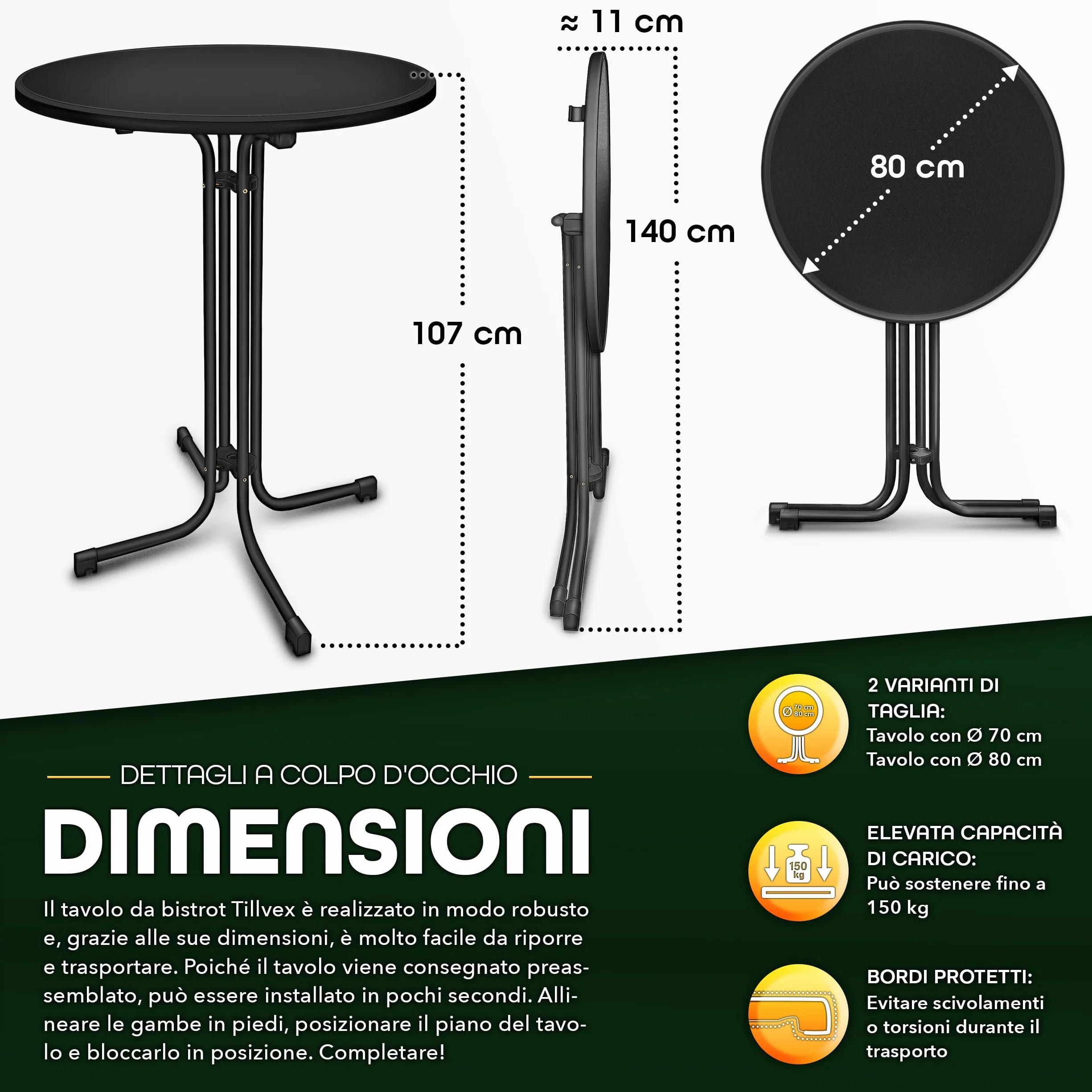 tillvex® Gastro Tavolo pieghevole Ø 80 cm con rivestimento | Tavolo da bistrot pronto | Tavolo pieghevole rotondo – resistente alle intemperie | tavolo da giardino per interni ed esterni