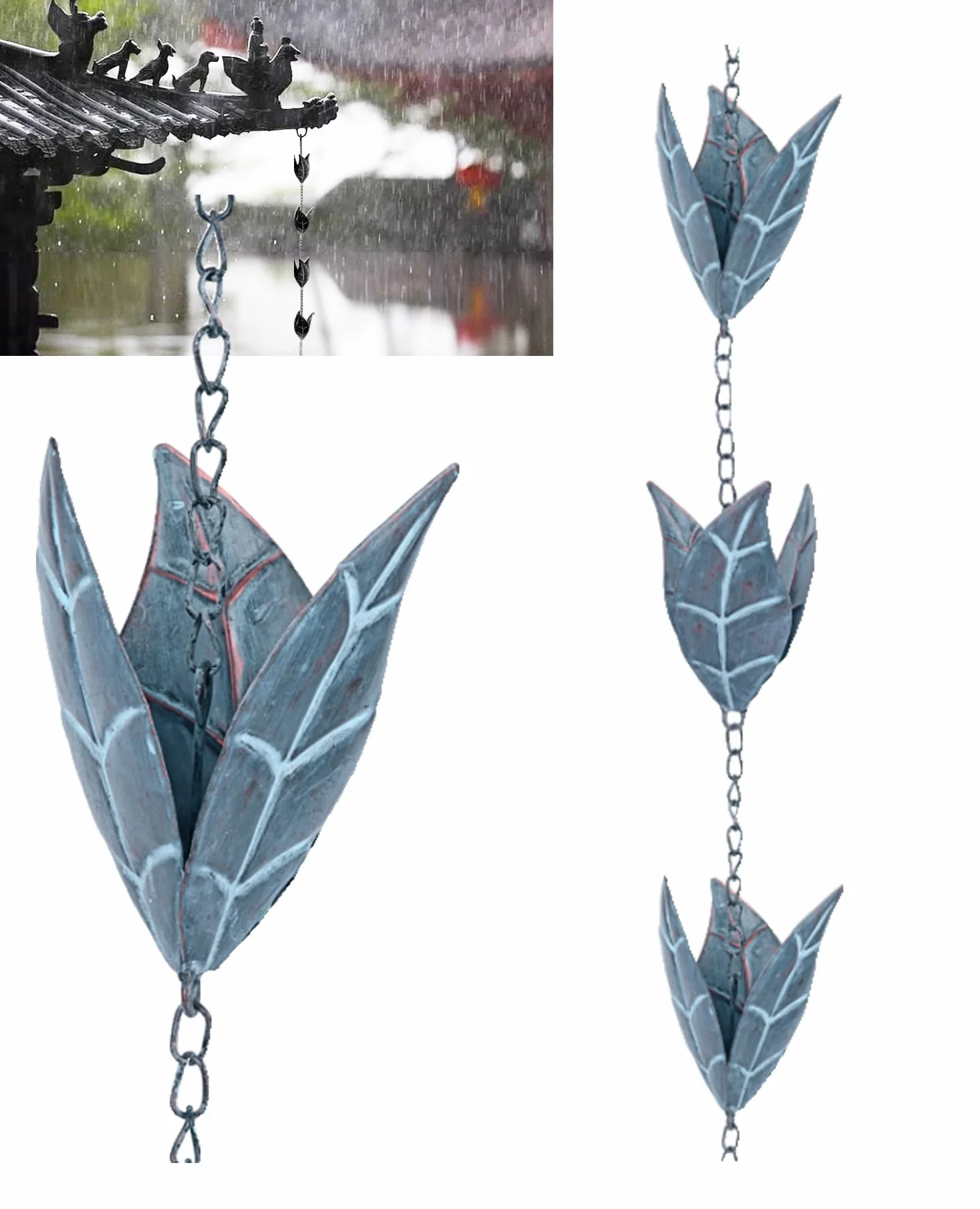 Catena della Pioggia del Metallo 2.6m, Catena Di Drenaggio Della Catena a Forma di Foglia Blu, deviatore per acqua piovana per esterni, Decorazione Giardino e all'aperto per grondaie, Eaves Drainage