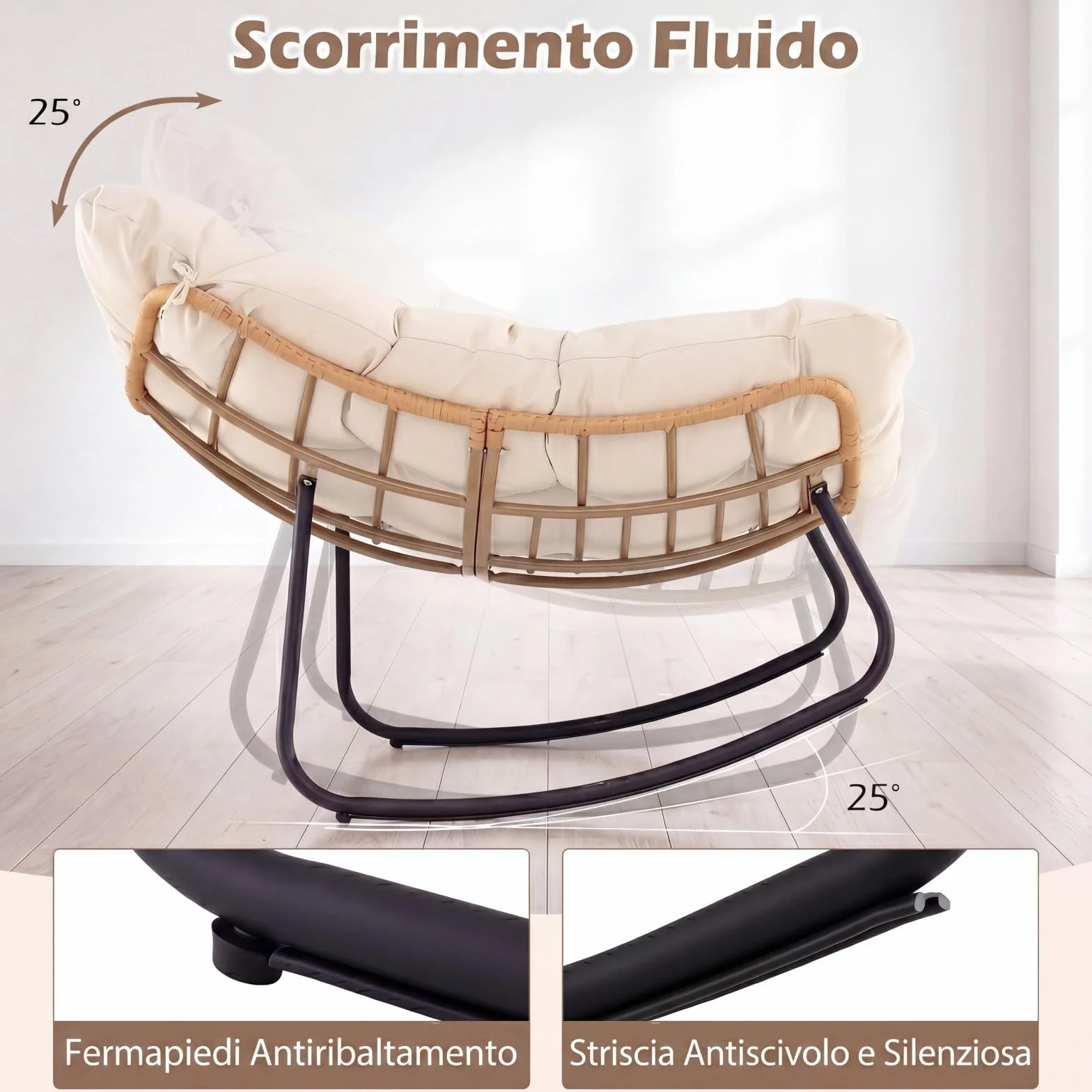 COSTWAY Sedia a Dondolo da Esterno, Poltrona in PE Vimini con Cuscino Rimovibile, Poltrona Relax in Rattan con Struttura in Metallo, per Soggiorno, Balcone, Giardino, Portata 140 kg (Beige)