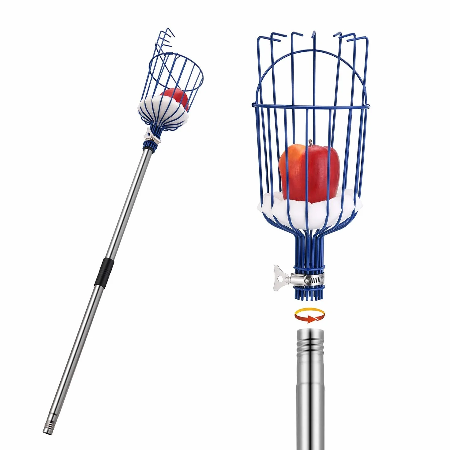 MaidMAX Raccoglitore di Frutta, 4m Fruit Picker, Raccoglifrutta Arancia Mela Raccoglitrice con Palo in Acciaio Inox Leggero, Cestino Robusto con Cuscinetto in Schiuma, Morsetto in Metallo