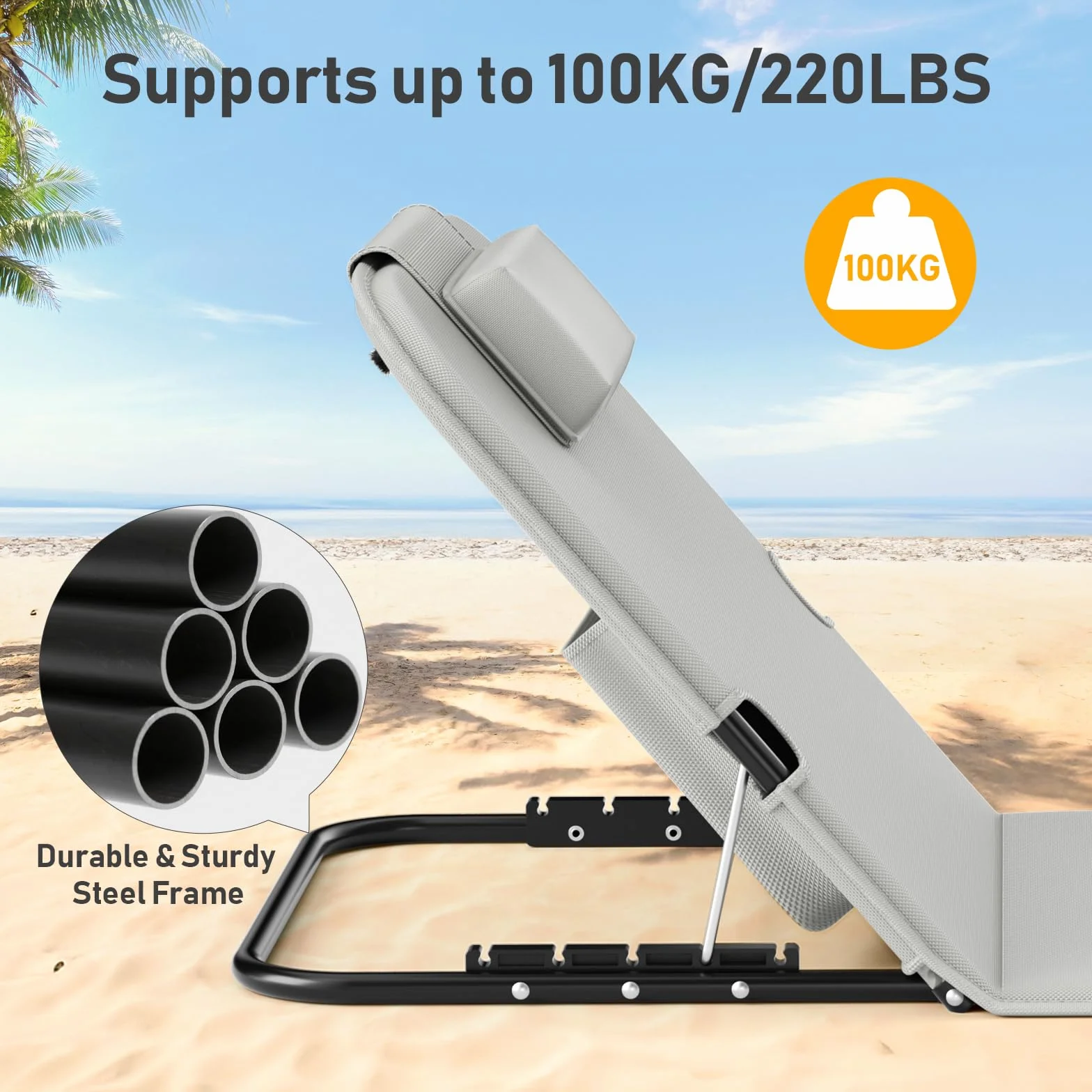 WildFun Sedia a sdraio e trolley da spiaggia portatile, tappetino da spiaggia pieghevole con schienale regolabile e tasca per la spiaggia, la piscina (2pcs, Grigio)