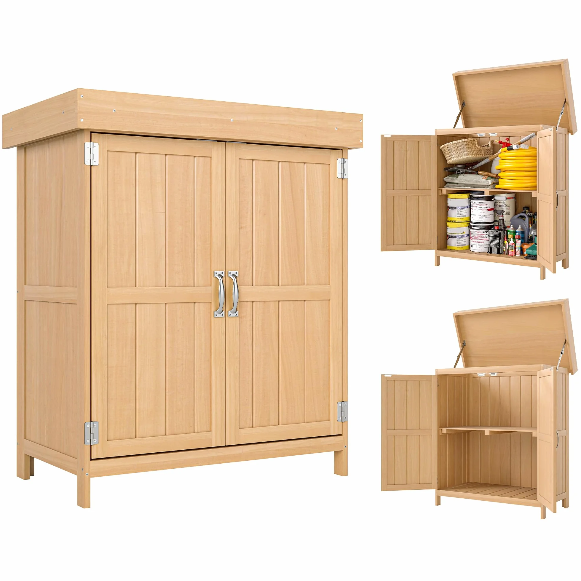 Outsunny Casetta in Legno da Giardino con 2 Ante, Armadio da Esterno Porta Attrezzi da Giardino con Tetto Apribile, 74x43x88 cm