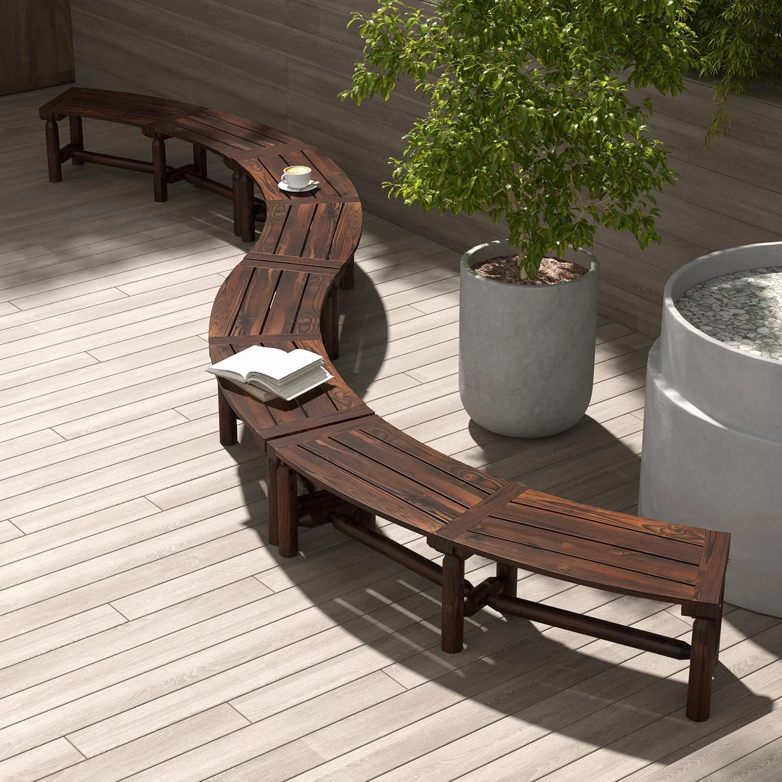GIANTEX Panca da giardino resistente alle intemperie, in legno massiccio carbonizzato, portata fino a 325 kg, curva, 139 x 36 x 41 cm, QS44623DE