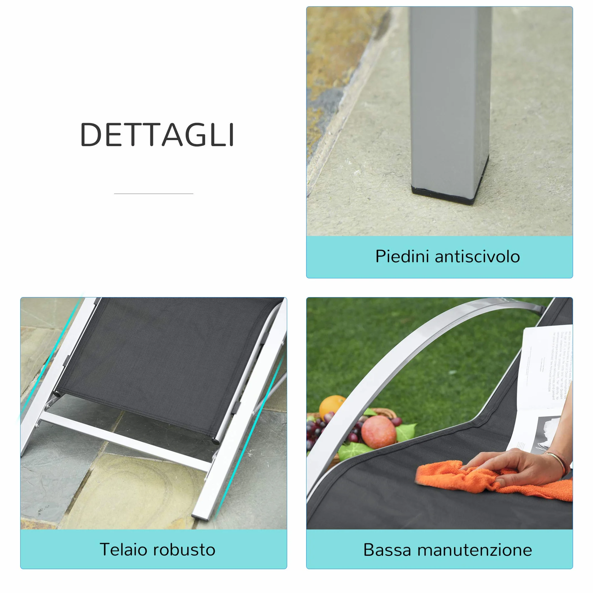 Outsunny Set 2 Sdraio da Giardino e Tavolino in Vetro, Lettino Prendisole con Tessuto Traspirante, 59x169x66cm, Nero Grigio