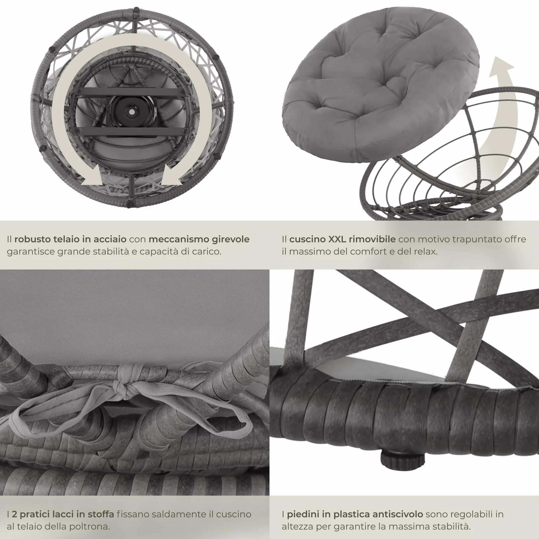 tectake®, Poltrona Rotonda in Rattan Girevole, Cuscino Confortevole, Sedia da Esterno, Giardino, Terrazzo, Stabile e Durevole, Grande Comfort, Adatta per Balcone e Giardino - Grigio
