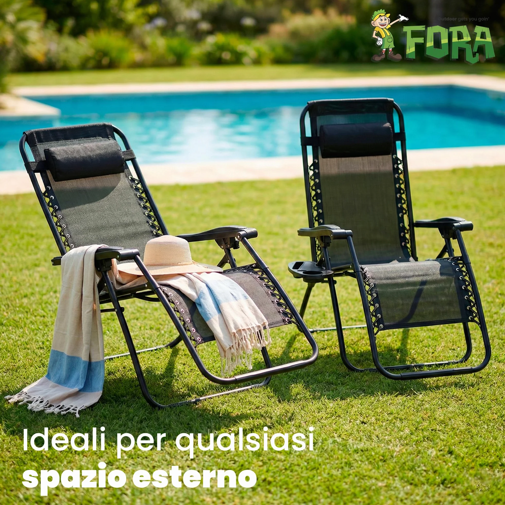 FORA Set 2 Sdraio da Giardino Pieghevoli – 176×67×110 Cm, Tubo 25mm e Tessuto Traspirante, Nero, Reclinabili Con Blocco di Sicurezza, Cuscino Incluso, Chiusura Rapida, 120 Kg