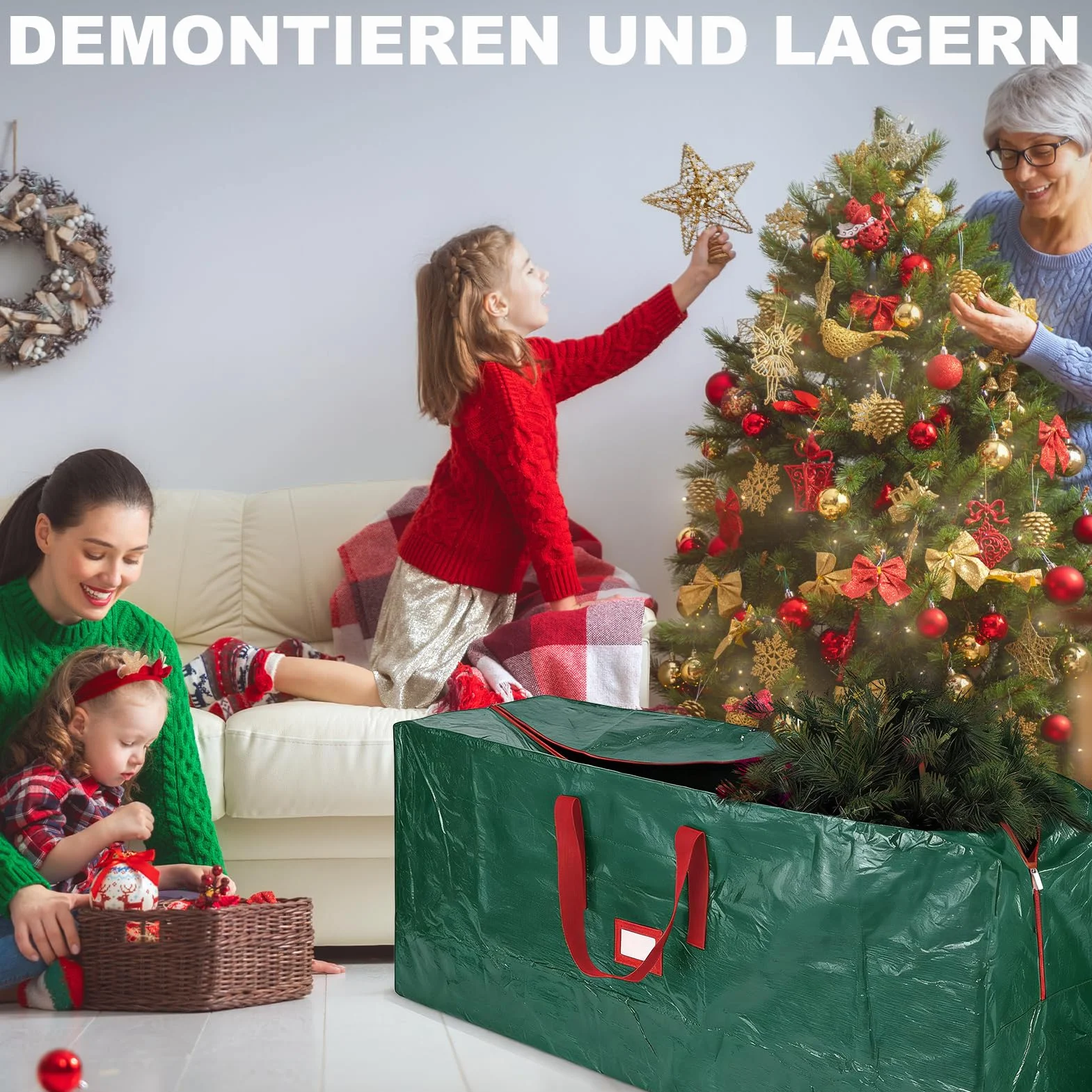 Christmas Tree Storage Bag for Artificial Trees with in 220 cm, Christmas Tree Bag with Reinforced Handles and Zip,600D Oxford Fabric, Waterproof Bag for Christmas Tree, Green