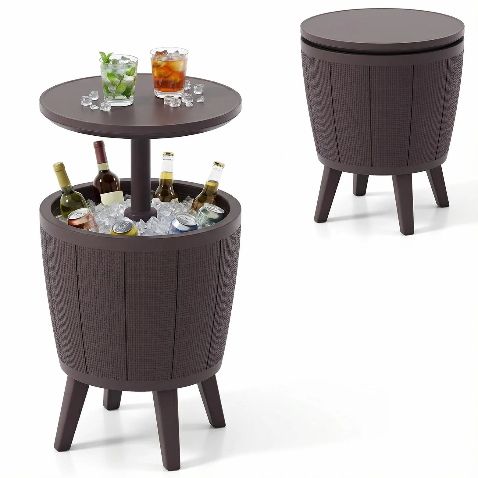 COSTWAY 2 in 1 Tavolino Frigo 38L da Esterno, Secchiello Ghiaccio Regolabile in Altezza 49 x 59-84H cm, Tavolo Bar con Tappo di Drenaggio, per Piscina, Cortile e Campeggio (Marrone)