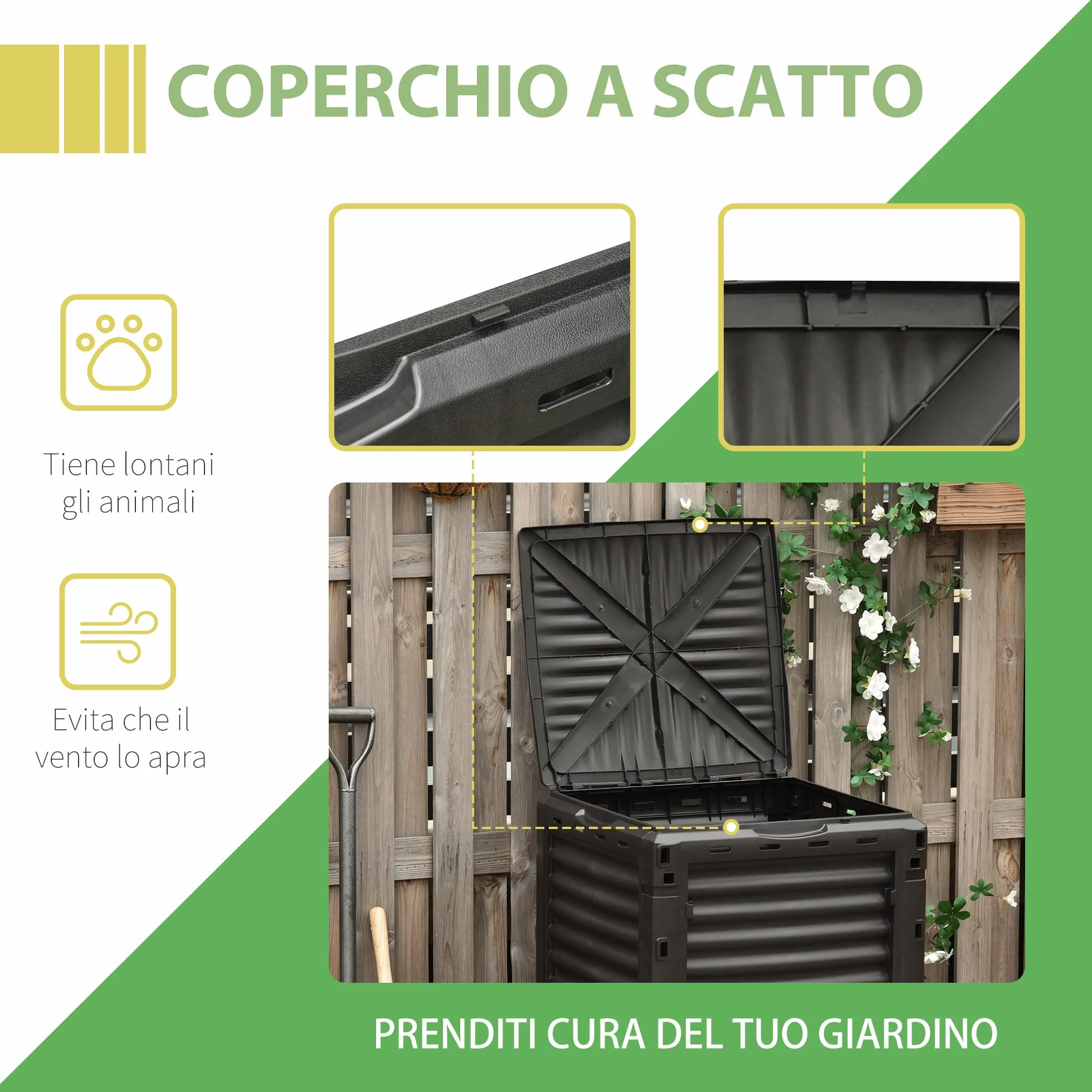 Outsunny Compostiera da Giardino 300L Plastica Nera con Coperchio a Incastro