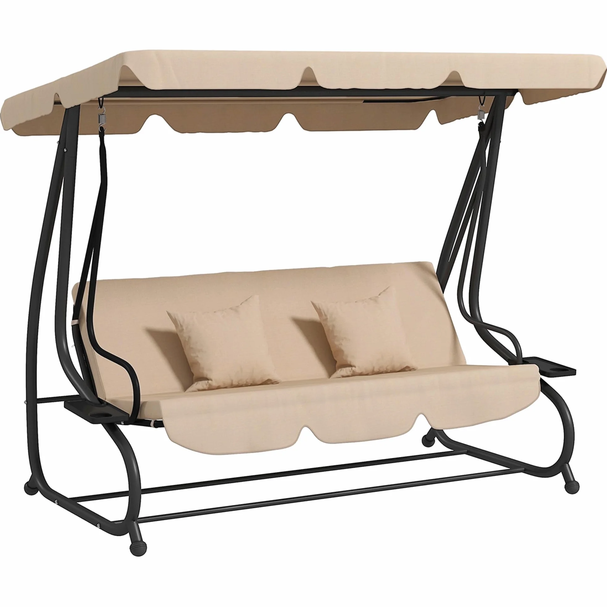 Outsunny Dondolo da Giardino 3 Posti Convertibile in Letto con Tetto Regolabile e Portabicchieri, Dondolo da Esterno in Acciaio e Poliestere, 200x120x164 cm, Marrone Chiaro
