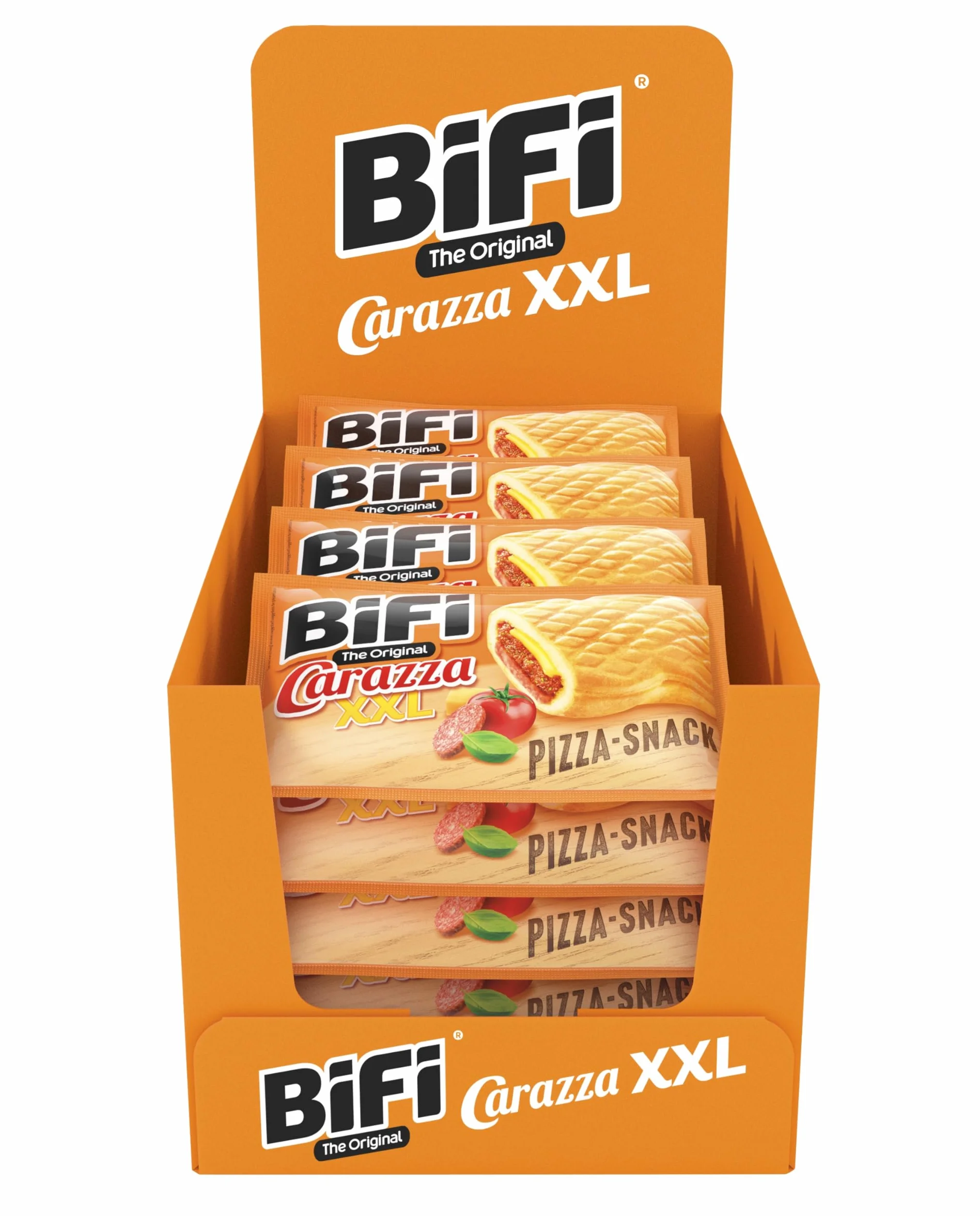 BiFi Carazza Original XXL, Pizzette Snack, Mini Pizzette in Formato Tascabile, Per Viaggi, Ufficio e Pausa Pranzo, Con Salame, Salsa Alla Pizza e Formaggio, Confezione da 16 (16 X 75 g)
