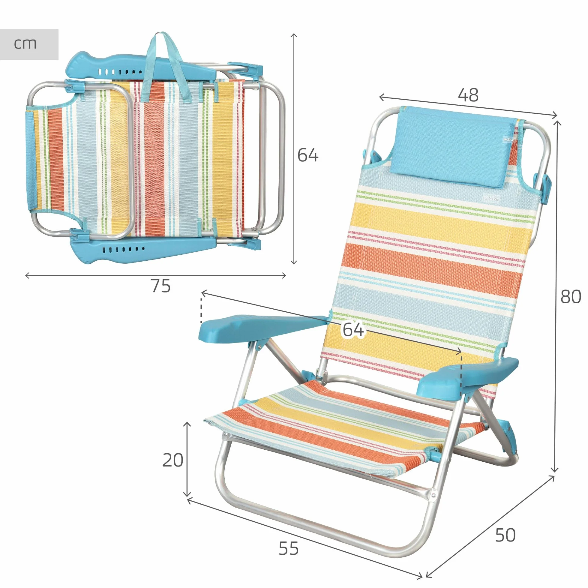AKTIVE Set di 2 sedie da spiaggia pieghevoli, 50x48x80 cm, reclinabili in 7 posizioni, in alluminio e textilene a righe multicolor, con cuscino e maniglie, modello Santorini (62419)