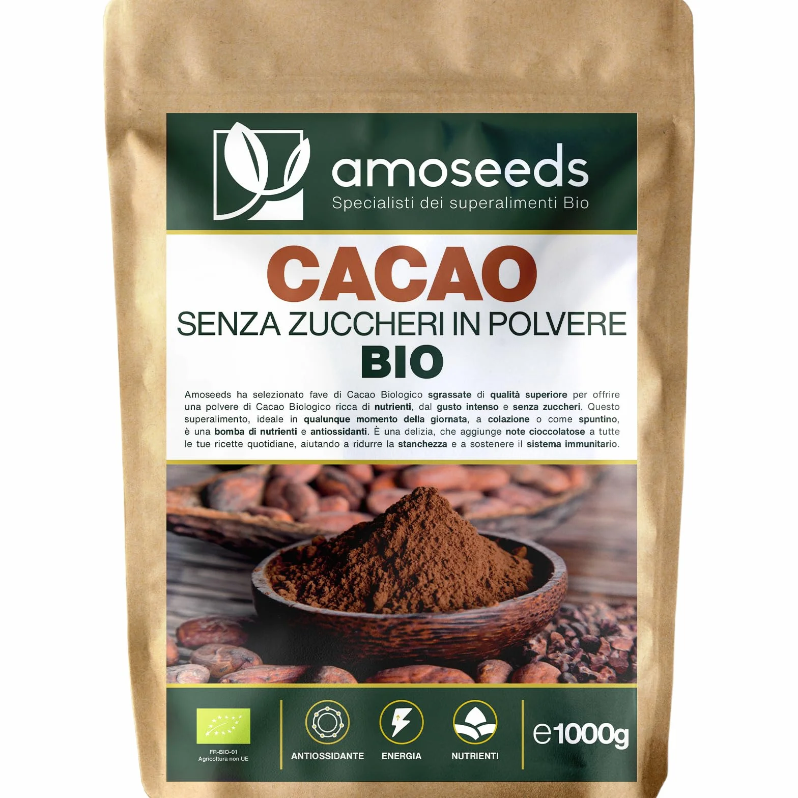Cacao Senza Zuccheri in polvere BIO 1KG | Fave sgrassati di Cacao Bio, 100% puro | Gusto Intenso di Cioccolato | Qualità superiore
