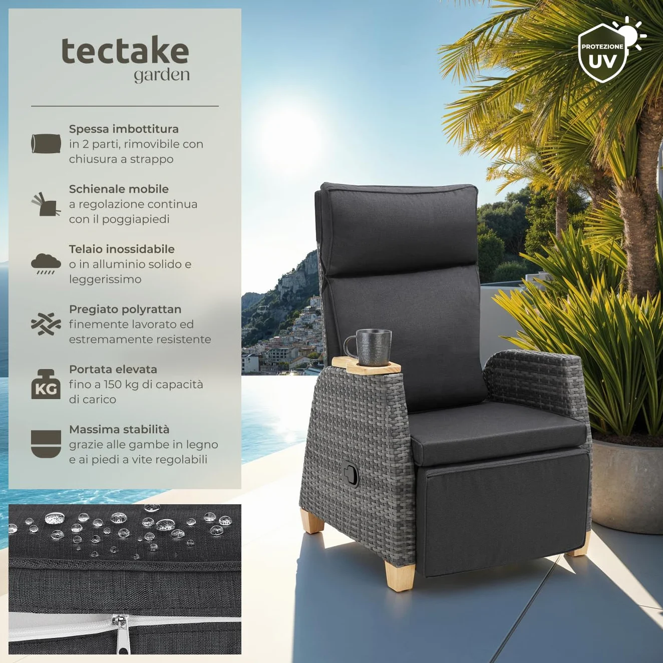 tectake® Poltrona Giardino in Rattan, Poltrona da Esterno con Telaio in Alluminio, Poltroncina Salotto Regolabile, Resistente ai Raggi UV, Comodo Piano d'Appoggio, Design Elegante - Grigio