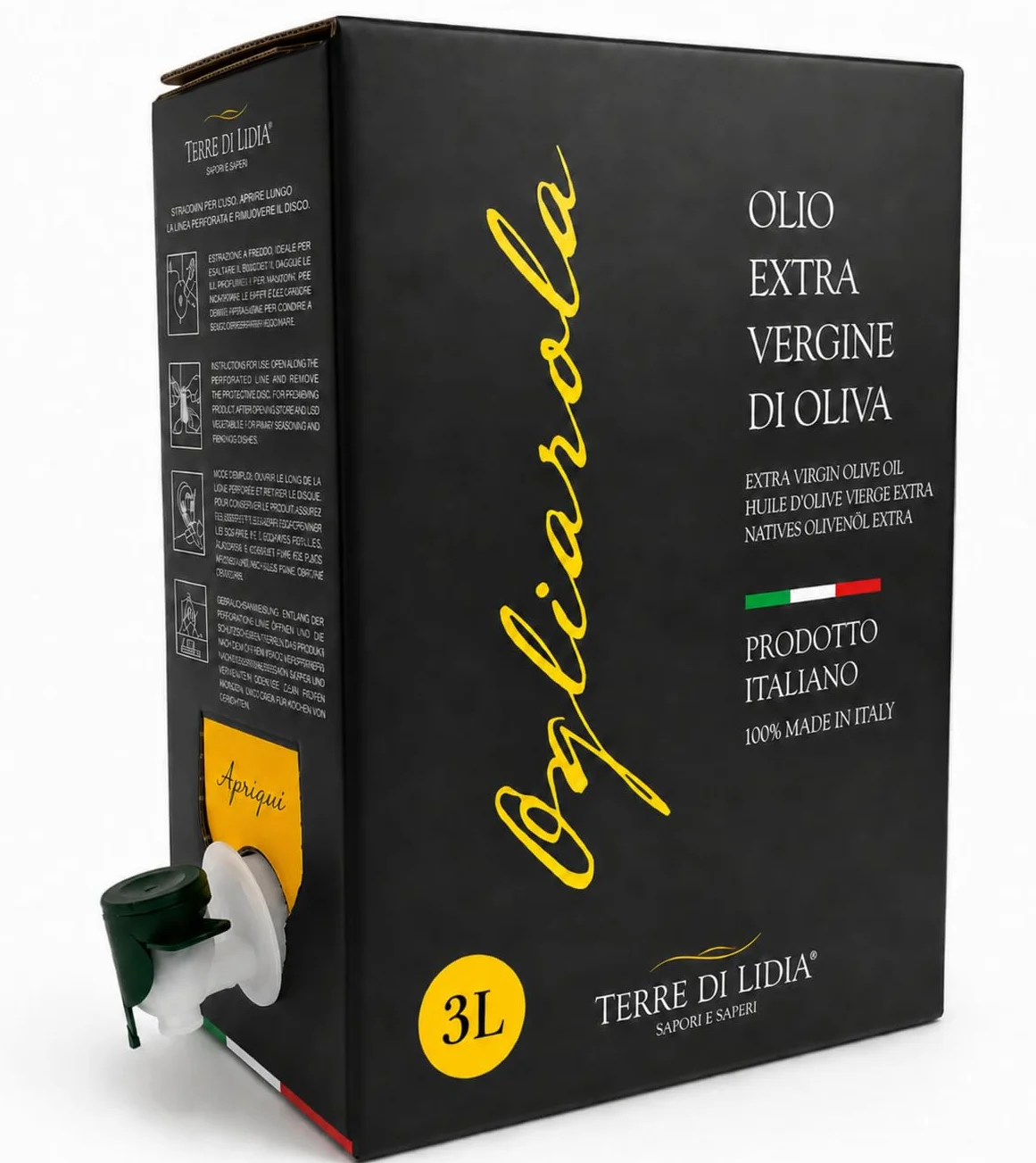 Terre di Lidia - Olio extravergine di oliva - 1 bag in box (3 L) - scatola con rubinetto laterale - Filiera corta - Varietà Ogliarola, Gusto Delicato - Produzione 100% italiana