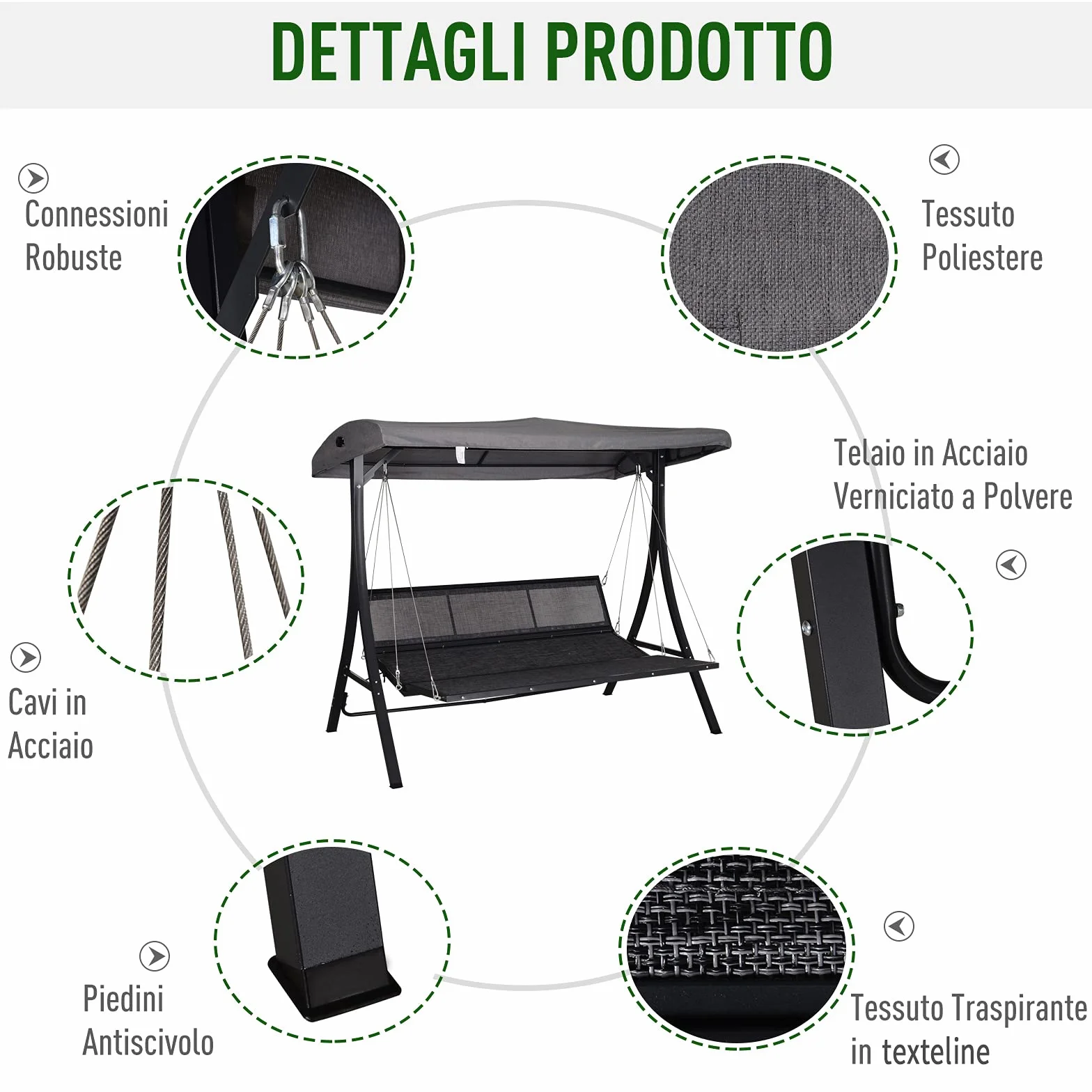Outsunny Dondolo da Giardino a 3 Posti, Dondolo da Esterno con Chaise Longue e Tetto Regolabile, Nero e Grigio, 200 x 115 x 168 cm