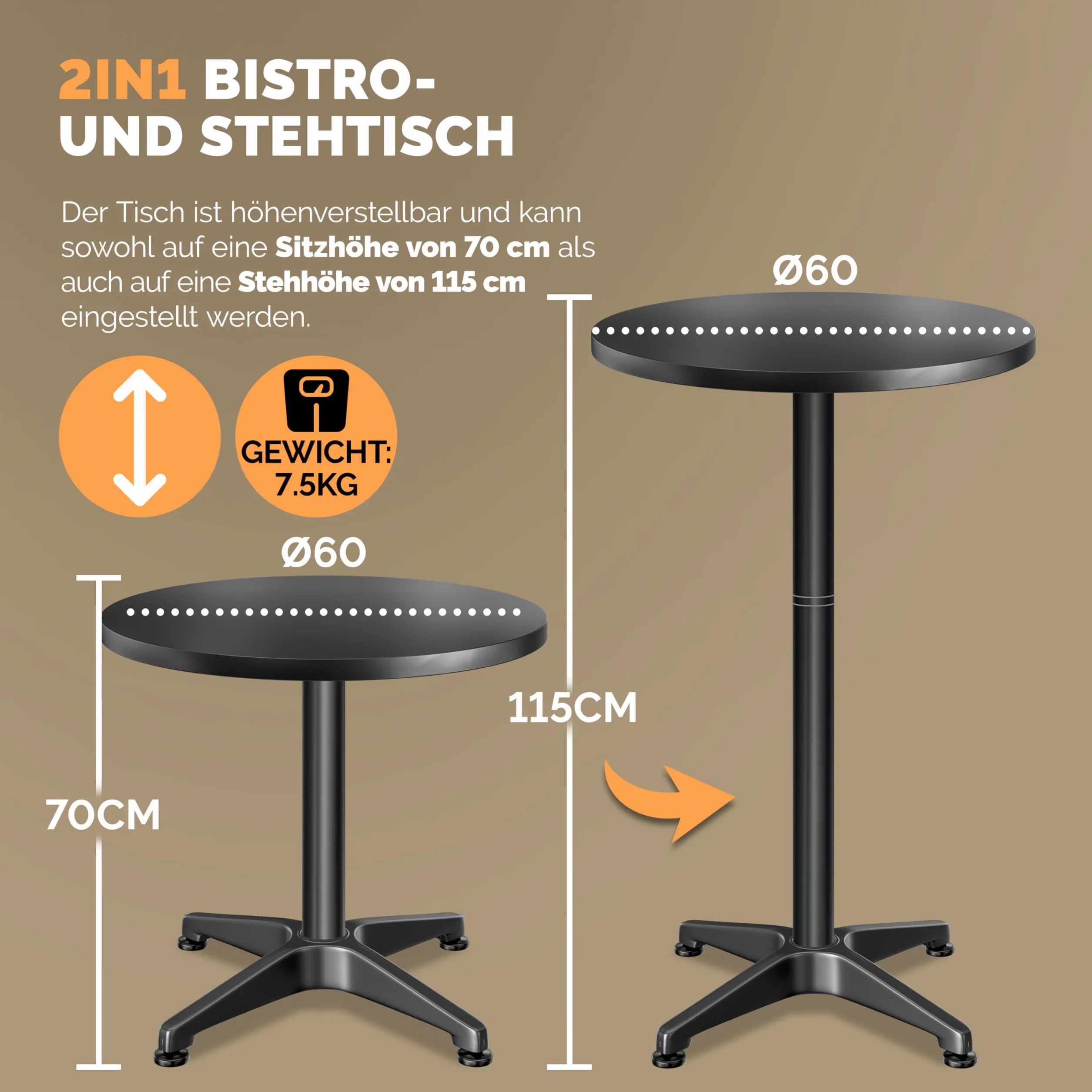Casaria® Tavolo da Bar 2in1 Regolabile Pieghevole 70 cm/115 cm in Alluminio Ø 60 cm Tavolino da Esterno Interno Nero