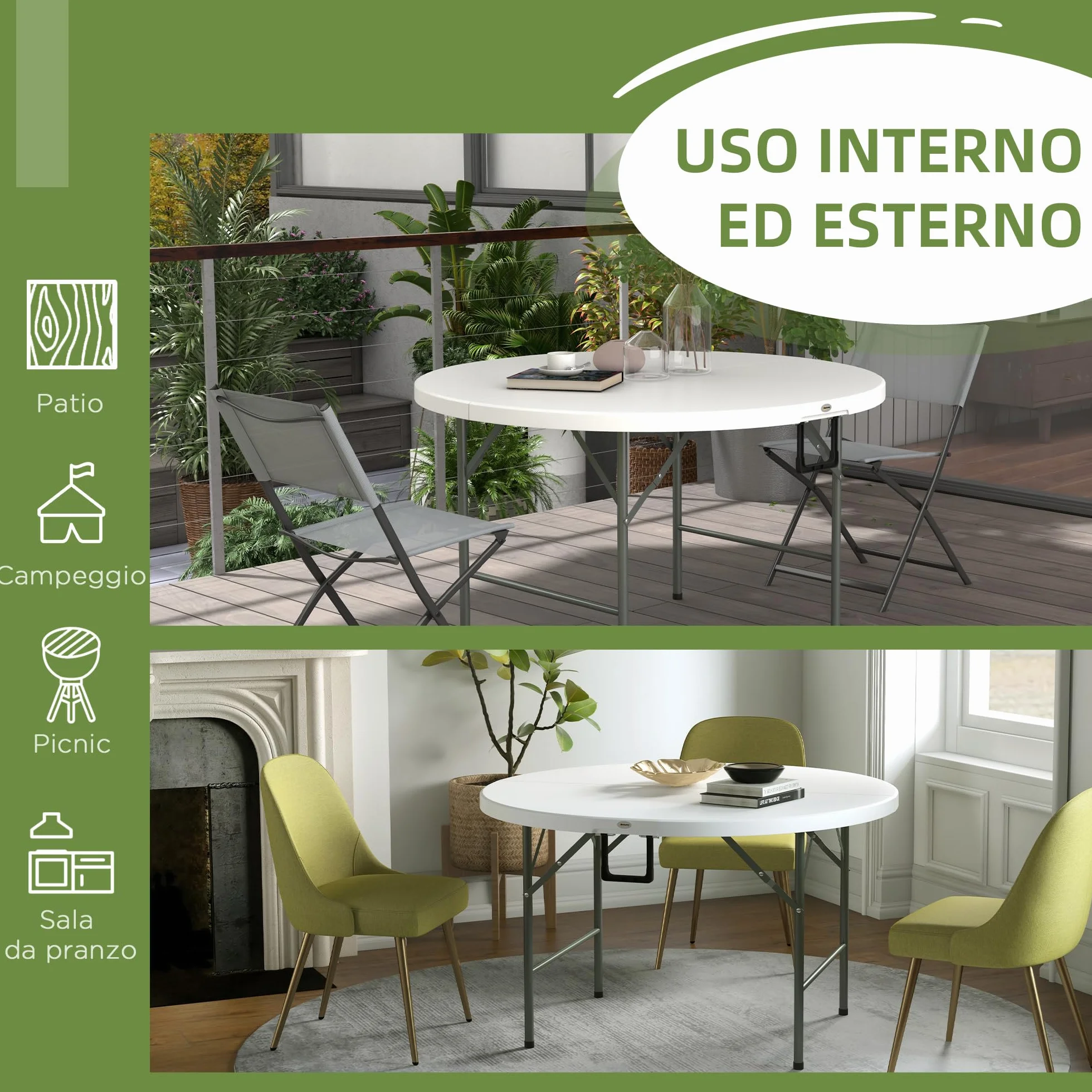 Outsunny Tavolo Pieghevole per Giardino, Balcone e Campeggio, Tavolo Rotondo in Acciaio e HDPE, Ø122x73 cm, Grigio e Bianco