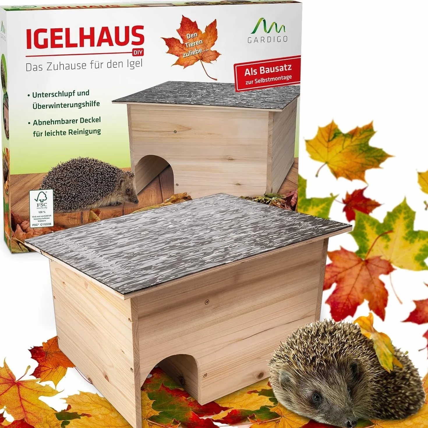 Gardigo® Casetta per Ricci - Kit in Legno | Tetto Resistente alle Intemperie | 48x29x38 cm | Riparo dai Predatori | Rifugio per Ricci per Giardino | Casetta per Piccoli Animali | Casetta Porcospini