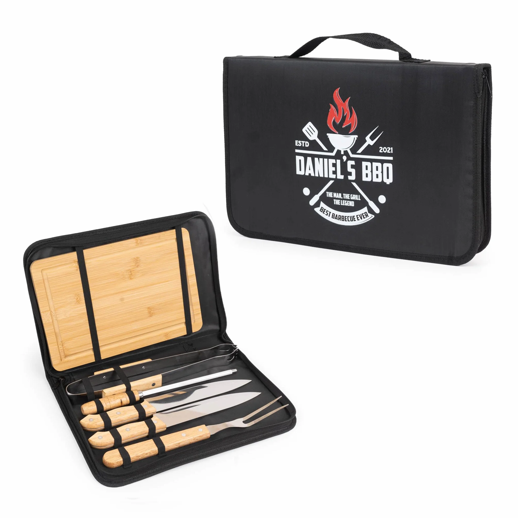 Wanapix | Set per Barbecue Personalizzato | Include 6 Accessori (2 coltelli, Affilatore, Trinciatrice, Pinzette, Tavola) | Custodia Personalizzata con Nome e Testo | Best BBQ