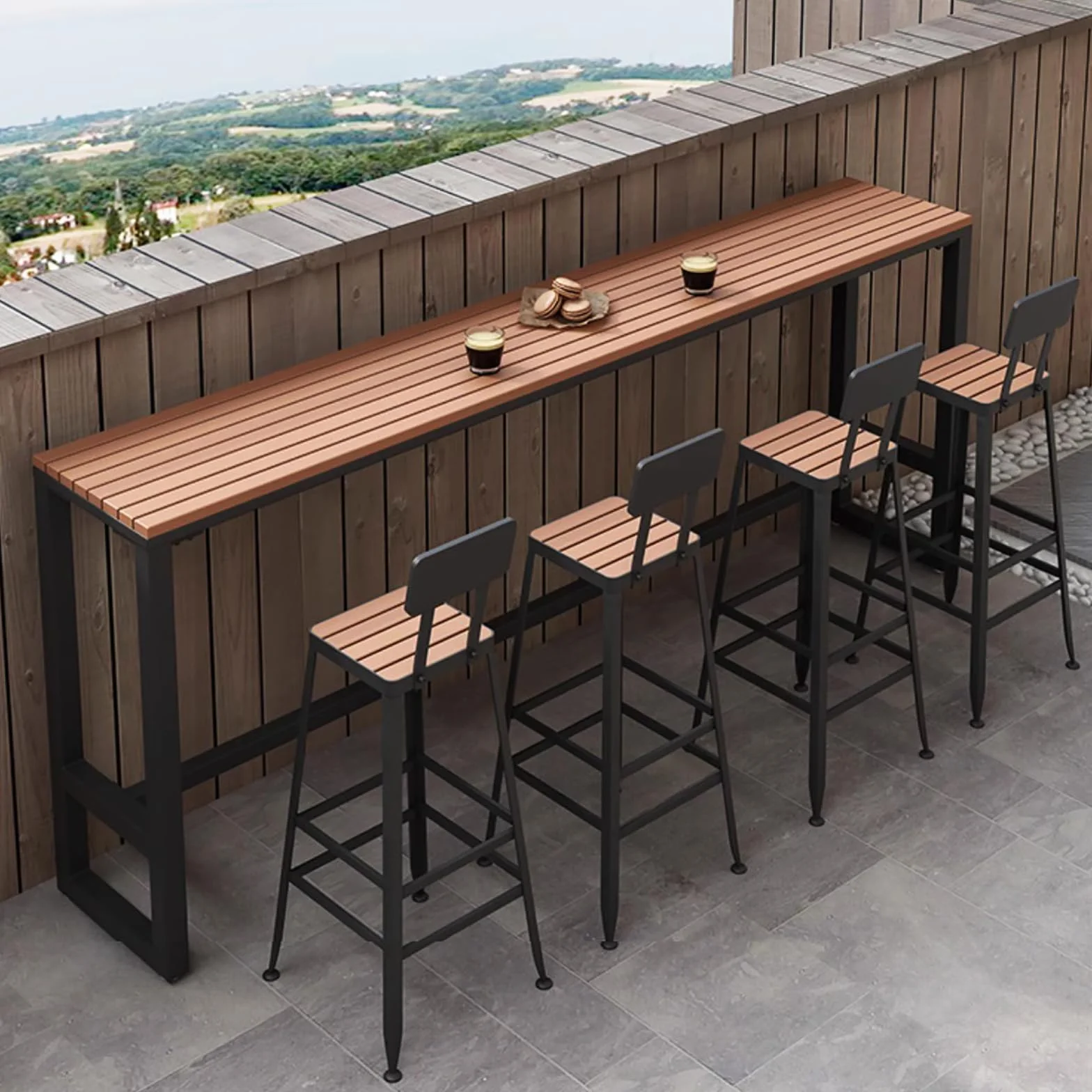 Modern Trestle Table Rectangular Outdoor Bar Table,Waterproof,Wooden Balcony Bar Table for Railings,Narrow Pub Patio Bar Table Wood Counter Height Table-Table Only(63 “L X 15.7 ‘W X 41.3 ’H,