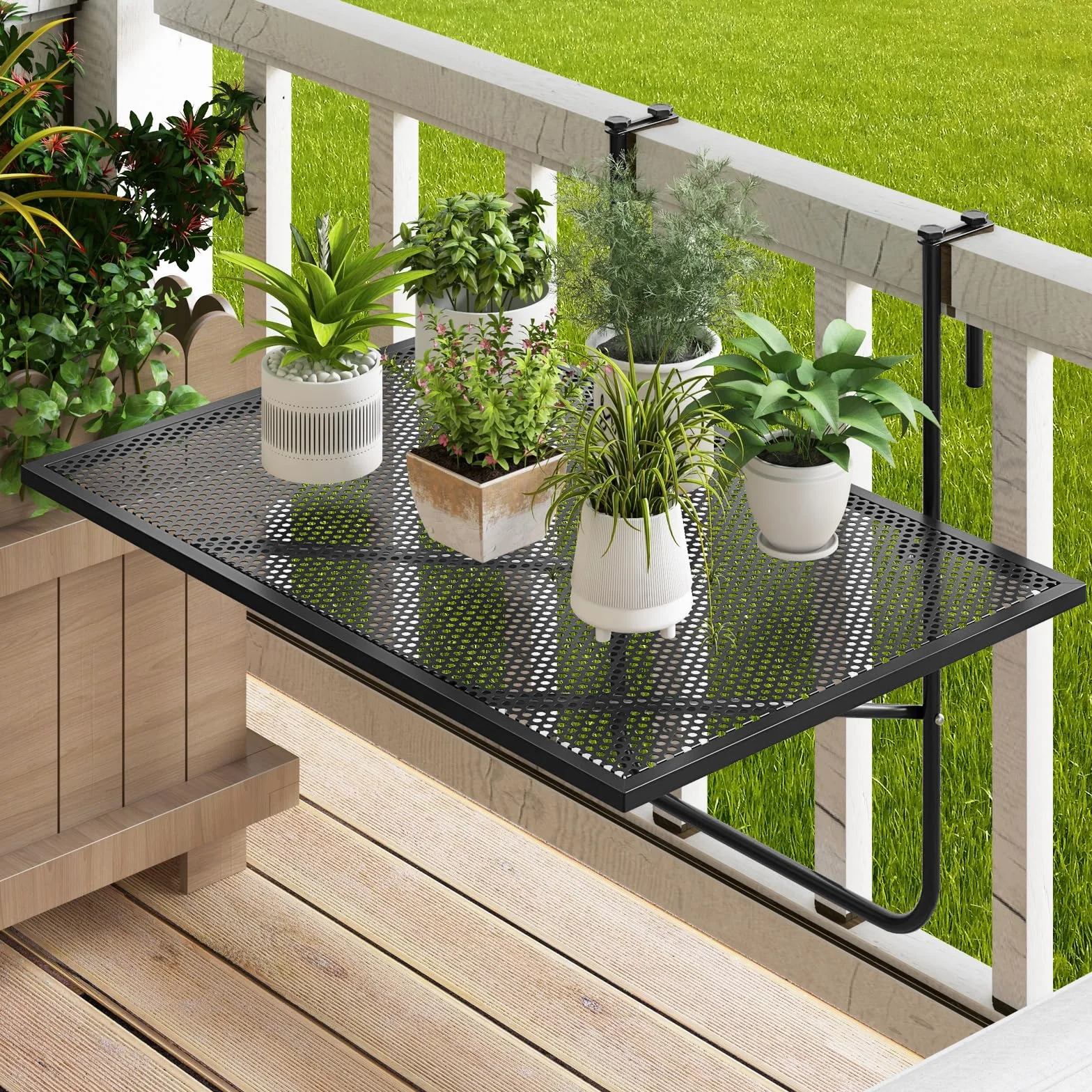 GIANTEX Tavolo da Balcone Appeso, Tavolo Pieghevole per Ringhiere fino a 6 cm di Spessore, Tavolino Salvaspazio per Ringhiere Esterne con Telaio in Metallo per Patio, Portico, Terrazza, Nero