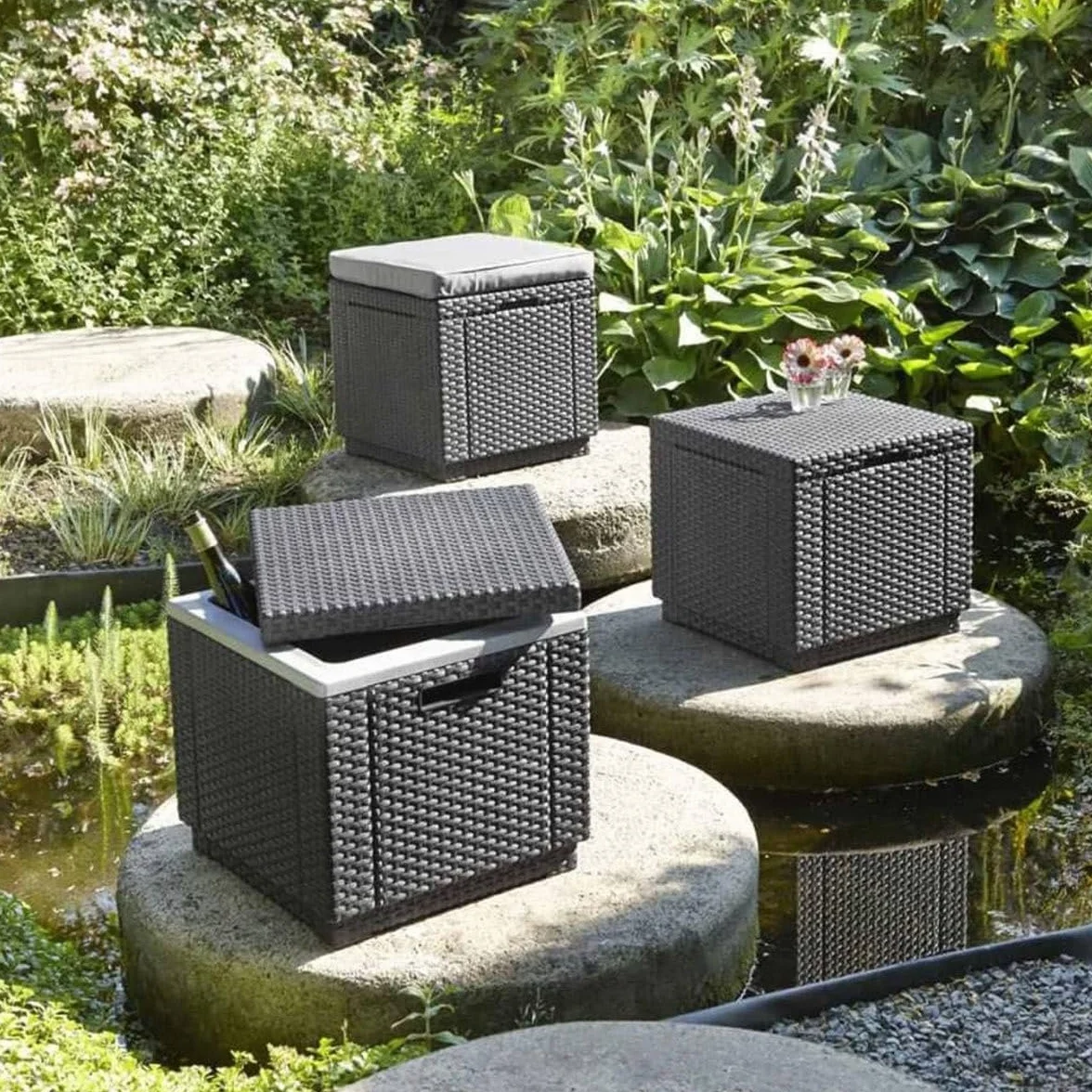 ALLIBERT JARDIN Tavolo cubo finto rattan intrecciato con contenitore da 60 l, 42 x 42 x 39 cm, colore: grafite
