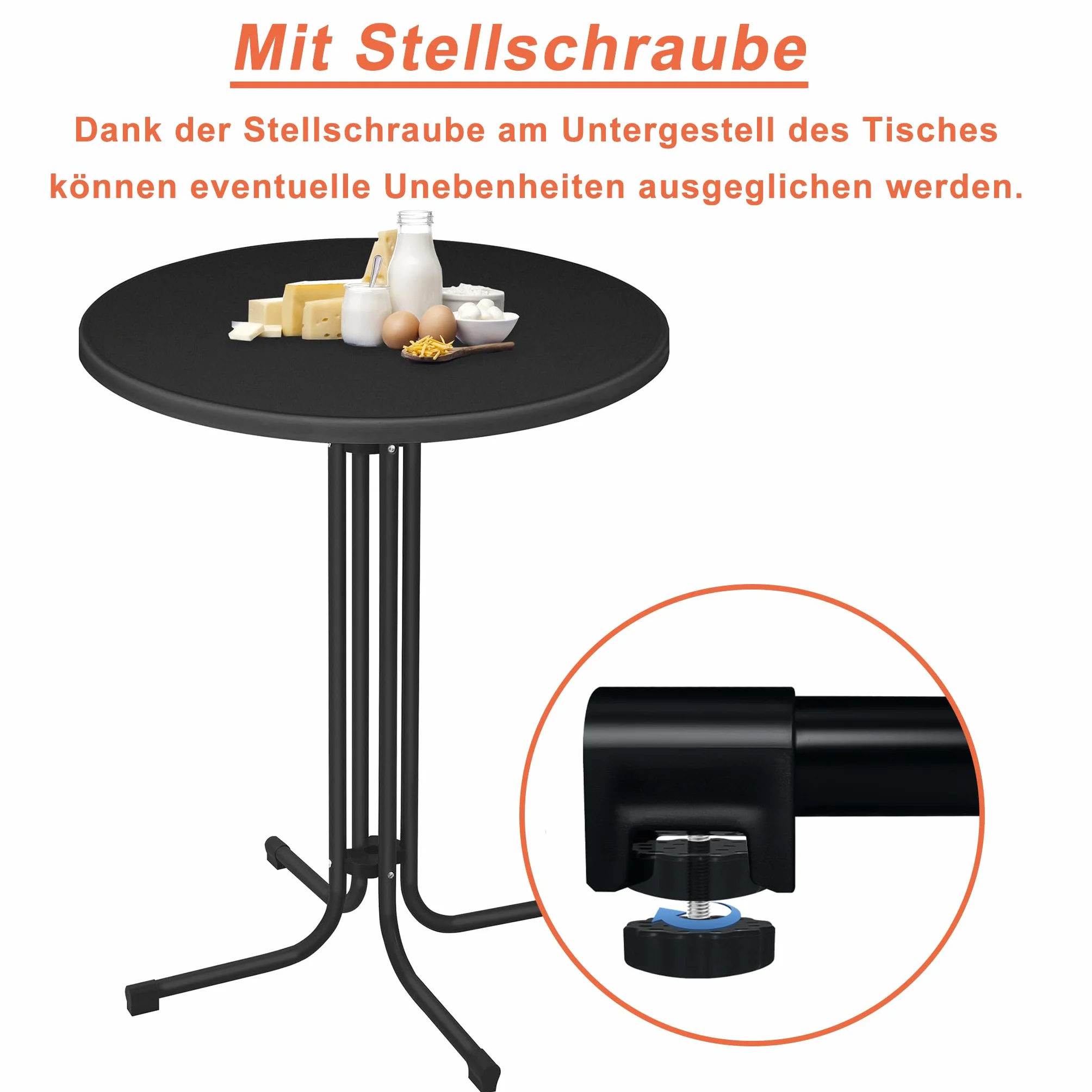 XMTECH Tavolo da bistrot pieghevole, Ø 80 cm, rotondo, altezza 110 cm, resistente alle intemperie, piedini regolabili in altezza, per interni ed esterni, colore nero