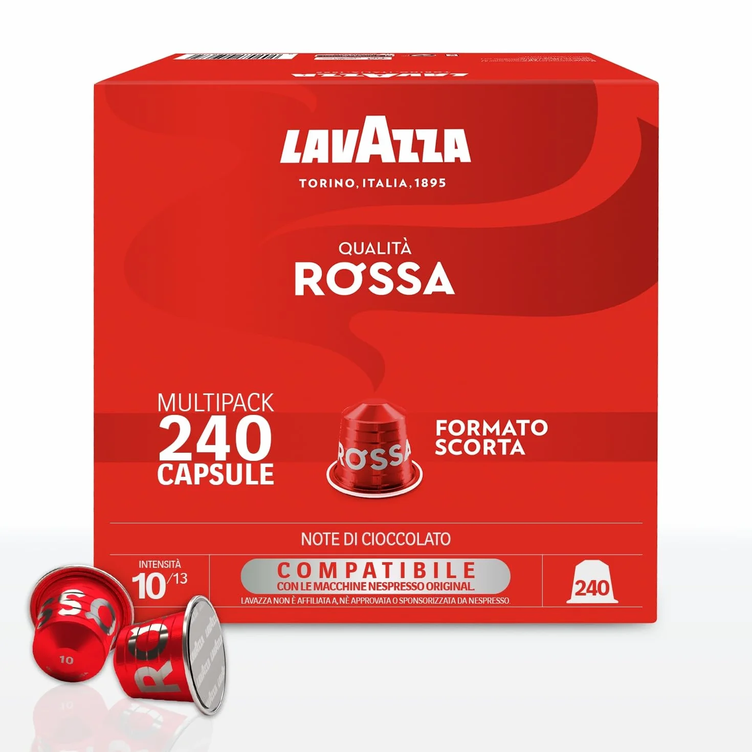 Lavazza, Qualità Rossa, 240 Capsule di Caffè in Alluminio Compatibili con Macchine Nespresso* Original, con Note di Cioccolato e Frutta Secca, Arabica e Robusta, Intensità 10/13, Tostatura Media