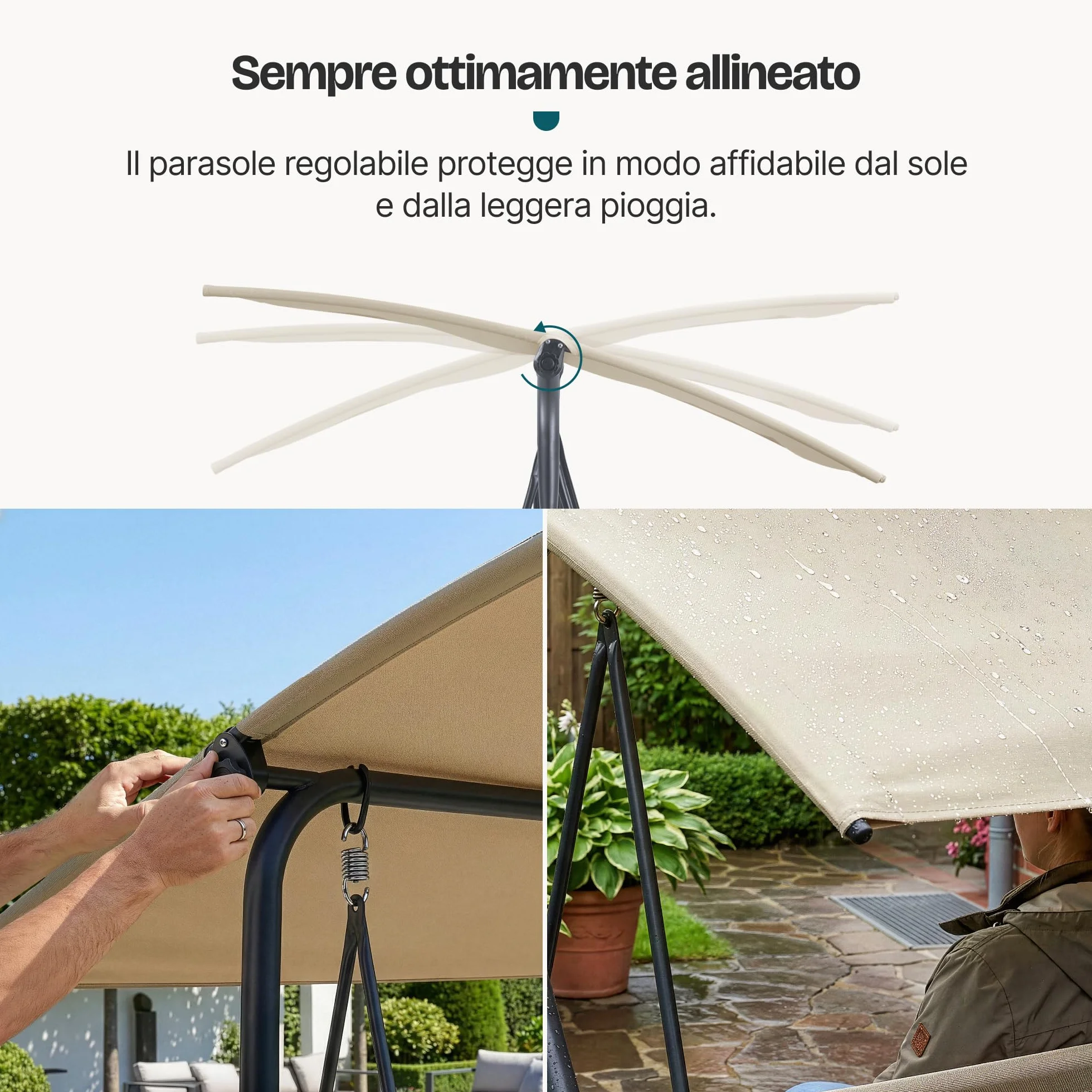 [en.casa] Dondolo da Giardino a 3 Posti con Tettuccio Parasole Regolabile e Schienale Panchina a Dondolo Altalena da Esterno Terrazza Struttura in Acciaio 173x119x153 cm - Grigio/Beige