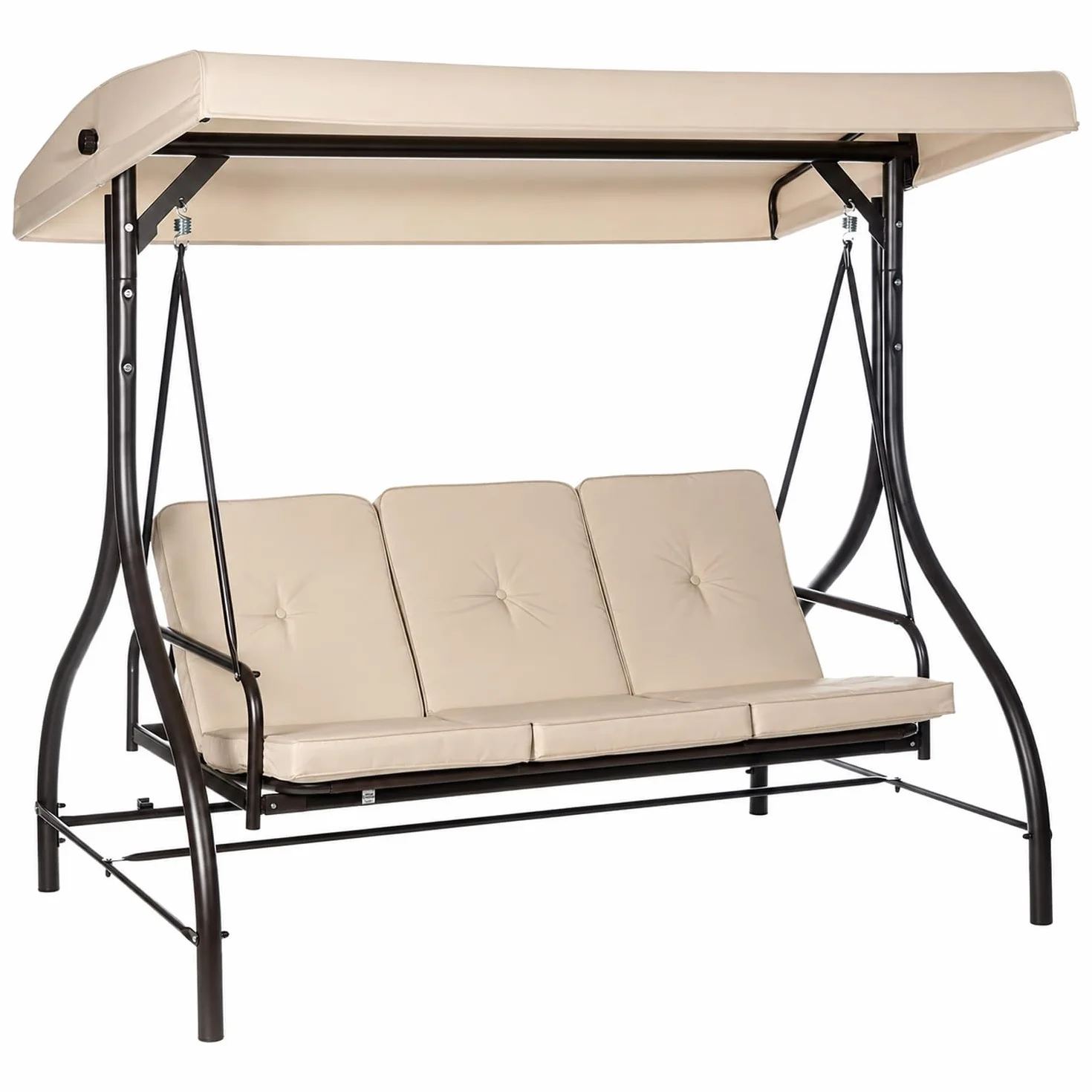 BRICOZONE Dondolo 3 Posti Con Tettuccio Parasole Seduta Reclinabile Trasformabile In Letto Struttura In Acciaio Per Terrazzo Giardino Patio Moderno 195 x 120 x 175 Cm Beige