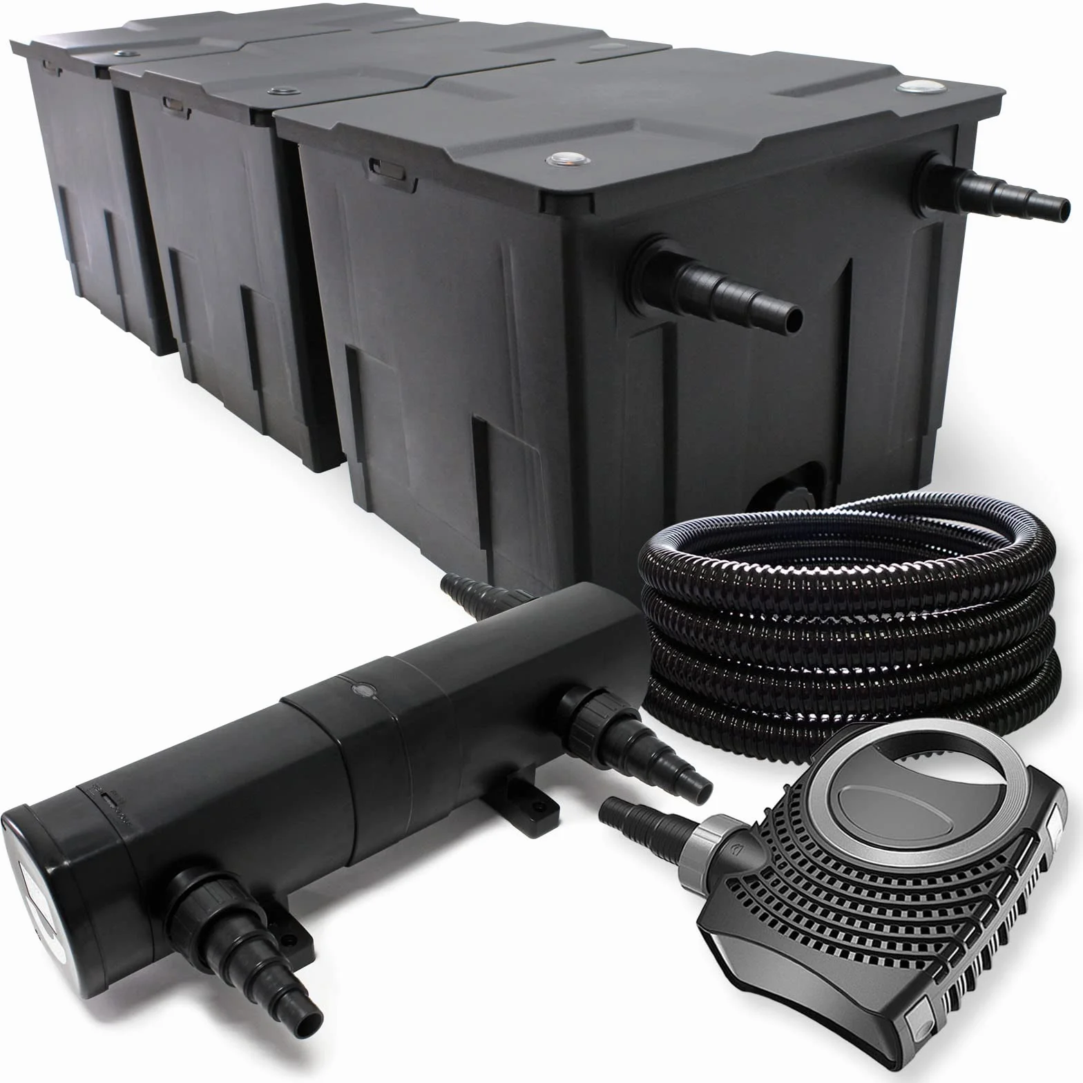 Set filtrante per laghetto Filtro bio da 90000l con Chiarificatore UVC 24W, Pompa 80W e Tubo 25m
